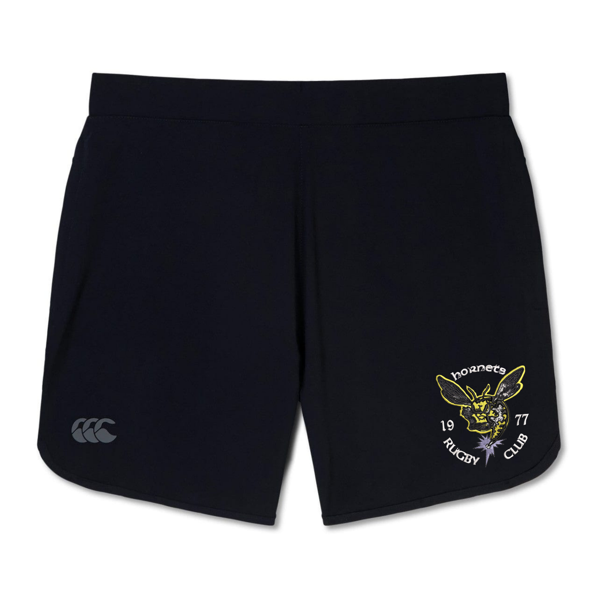 Hornets Rugby Club 1977 Elite Woven Short by EMB Canterbury: These black athletic training shorts feature the Canterbury logo on the left leg and a yellow Hornets Rugby Club emblem with "1977" on the right leg. Designed for performance, they include convenient zippered pockets for secure storage during workouts.