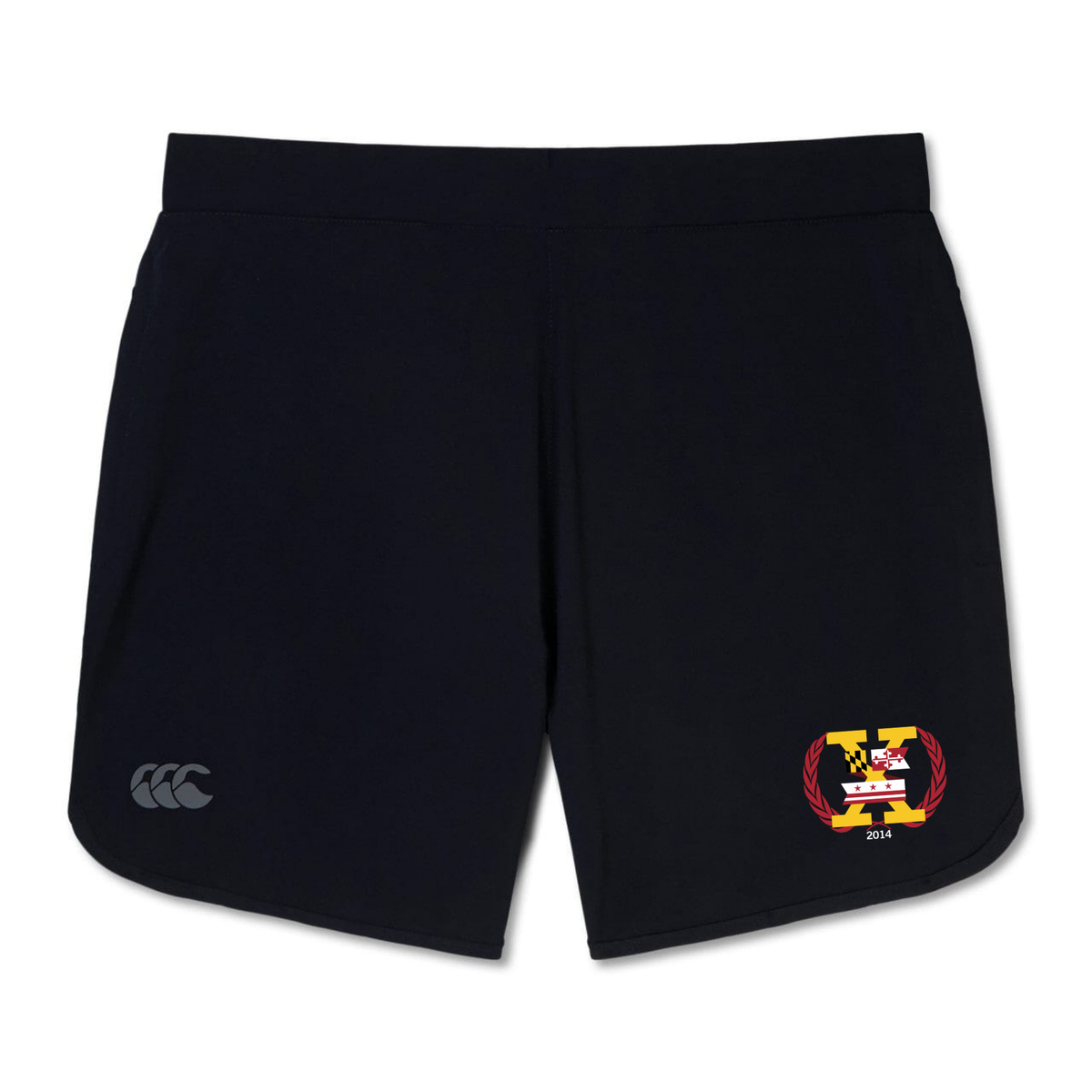 The Potomac Exiles Rugby Club Elite Woven Short by Canterbury features a black athletic design with a white Canterbury logo on the left leg and a colorful crest displaying "2014" on the right leg. These EMB Canterbury shorts include zippered pockets for secure storage, making them ideal for workouts or everyday use.