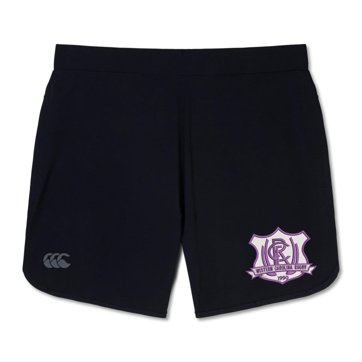 Black Western Carolina University Elite Woven Short by Canterbury with a Western Carolina Rugby emblem on the right leg and a logo on the left.