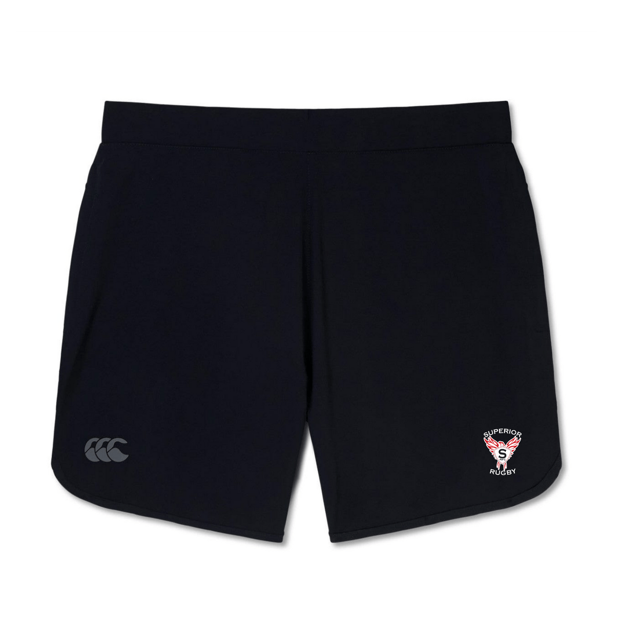 The Superior Rugby Club Elite Woven Short by EMB Canterbury features a white logo on the left leg, a Supeross Rugby crest on the right, zippered pockets, and is displayed on a white background—ideal for training.