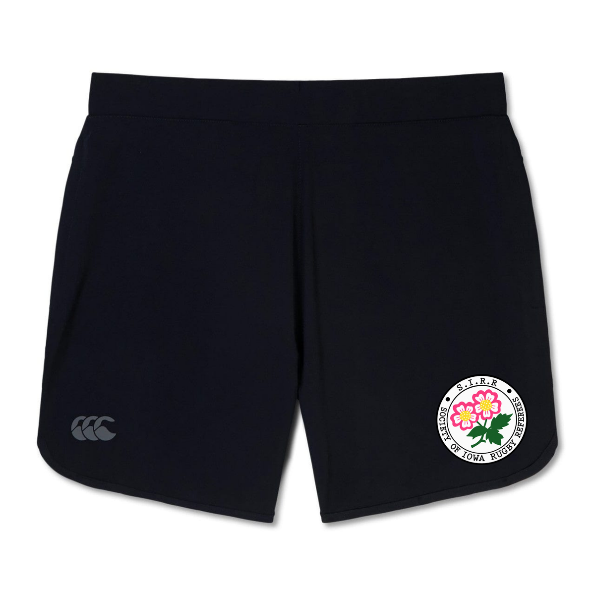 The Society of Iowa Rugby Referees Elite Woven Short by Canterbury features a black design with a white EMB Canterbury logo on the left leg and a circular emblem adorned with pink flowers on the right leg, along with convenient zippered pockets for secure storage during training.