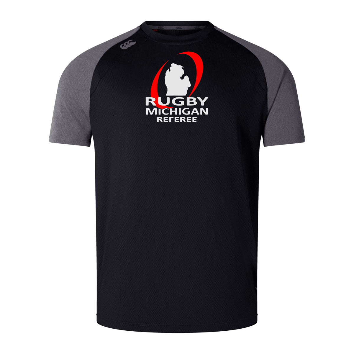 The Rugby Michigan Referee Society Women's Elite Training Tee by WRS Canterbury is a black and gray short-sleeve shirt crafted from lightweight recycled polyester. It features the text "Rugby Michigan Referee" and a logo on the front, making it an ideal Vapodri Elite Training Tee that combines style and comfort for any referee on the field.
