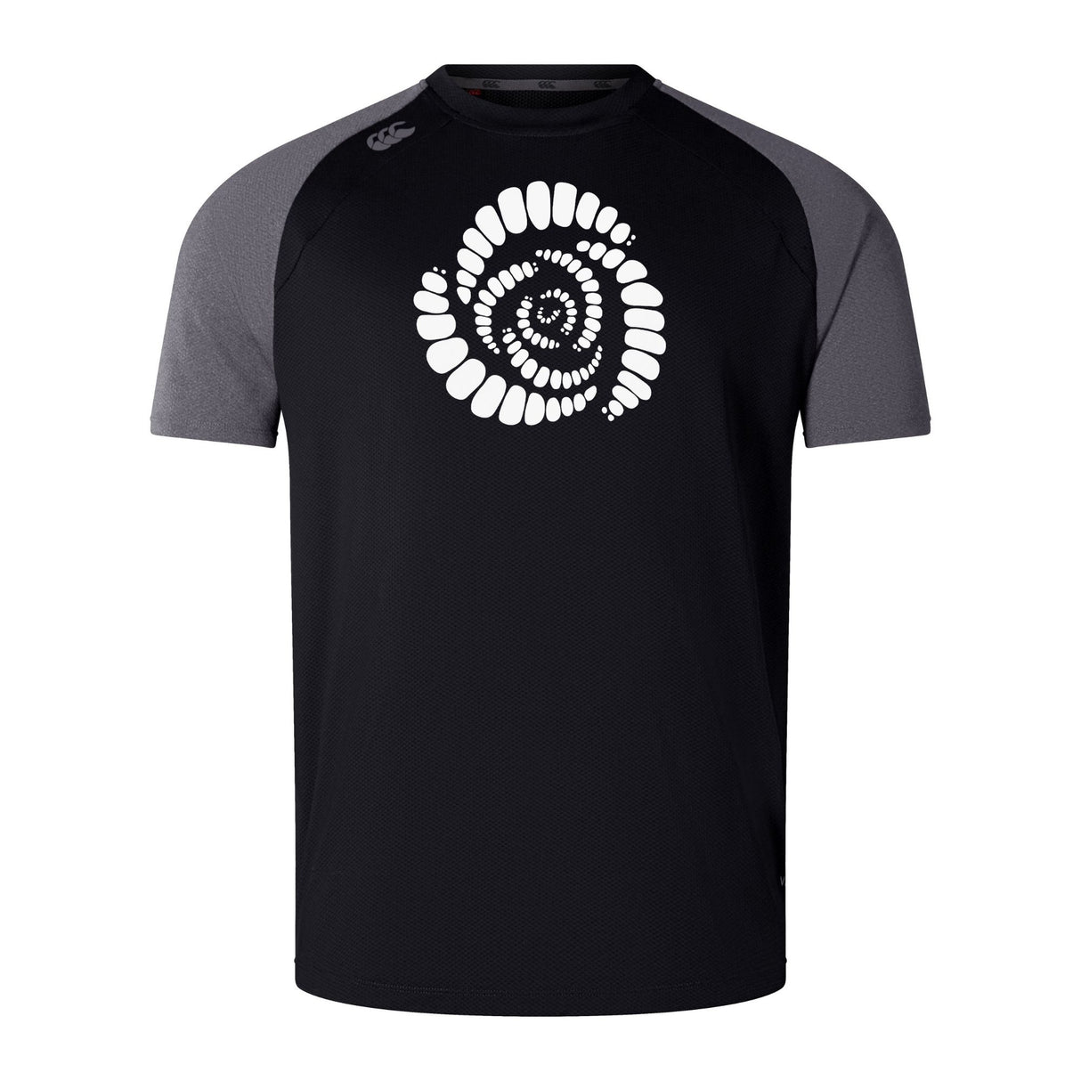 The Missoula All-Maggots Elite Training Tee by WRS Canterbury is a black and gray short-sleeve athletic shirt featuring a white spiral graphic of irregular oval shapes on the chest. Crafted as part of the Canterbury Elite Training Tee range, this lightweight and durable tee uses advanced Vapodri fabrics to keep you cool and comfortable during intense workouts.