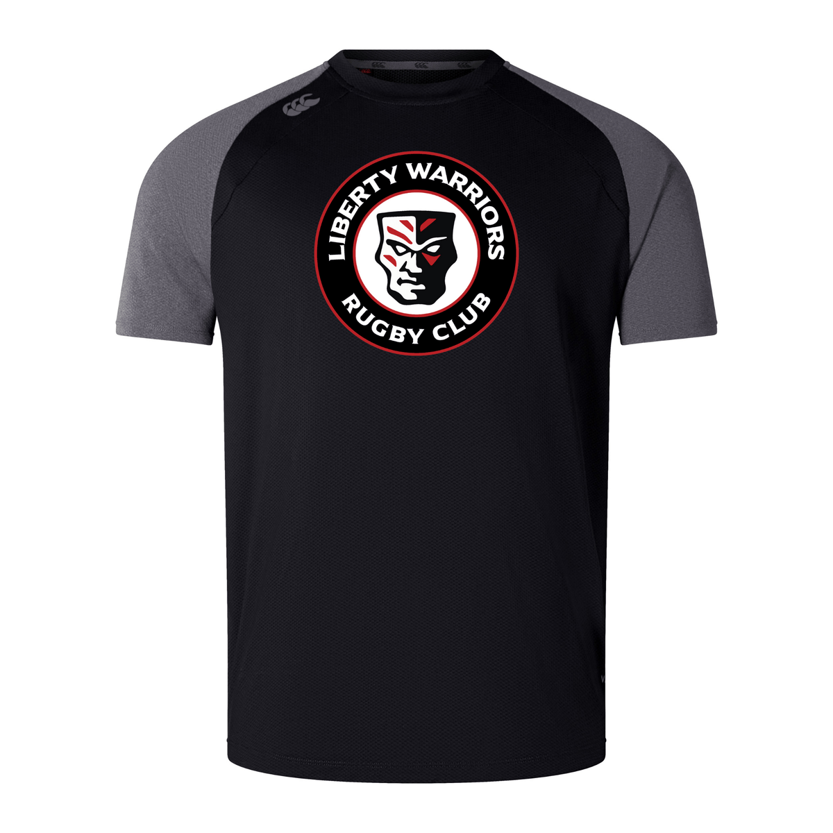 Black and gray Liberty Lake Warriors Elite Training Tee by WRS Canterbury, showcasing the "Liberty Warriors Rugby Club" logo with a helmeted figure in the center. This shirt, crafted specifically for elite training, ensures performance and comfort with Vapodri fabrics that keep you cool and dry on the field.
