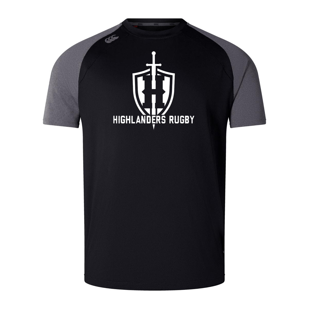 Introducing the Highlanders Rugby NC Elite Training Tee by Canterbury, a stylish and performance-driven product from WRS Canterbury. This black short-sleeve T-shirt features gray shoulders, a striking "Highlanders Rugby" logo, and an intricate sword and shield graphic on the front. Crafted from durable Vapodri fabrics, this lightweight tee seamlessly combines style with superior functionality.