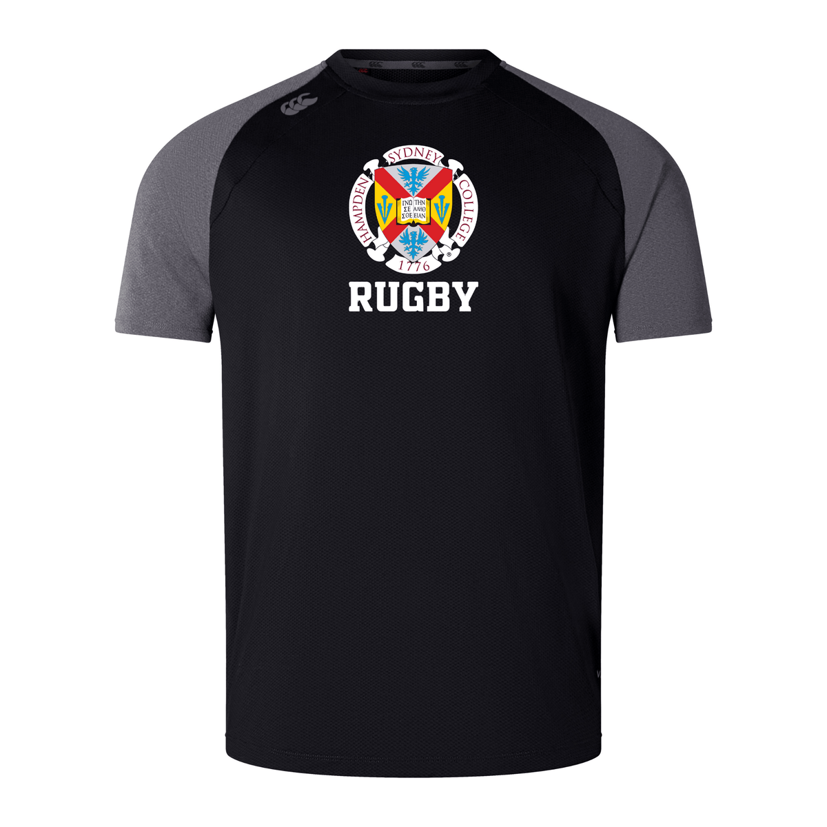 A black short-sleeved rugby shirt featuring the text "RUGBY" and a colorful embroidered crest with "SYDNEY" above it. The lightweight and durable gray sleeves complement the shirt, crafted using Vapodri fabrics by WRS Canterbury, making it as high-quality as any Hampden Sydney College Elite Training Tee by Canterbury.