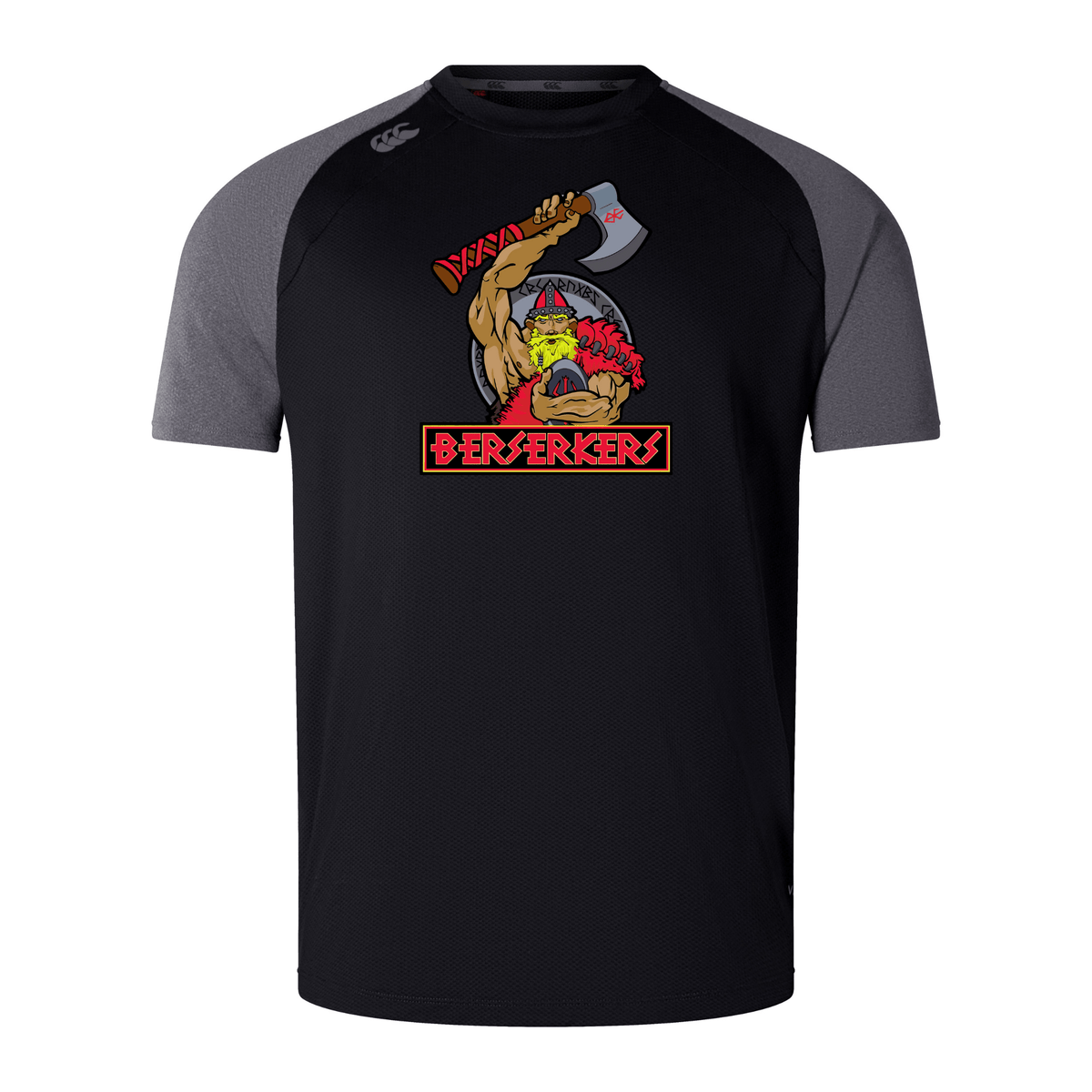 Black and gray sports shirt featuring a cartoon warrior holding an axe with the text "Berserkers" across the front. Made from lightweight and durable Vapodri fabrics, this Berserkers Elite Training Tee by Canterbury ensures superior comfort during intense workouts.