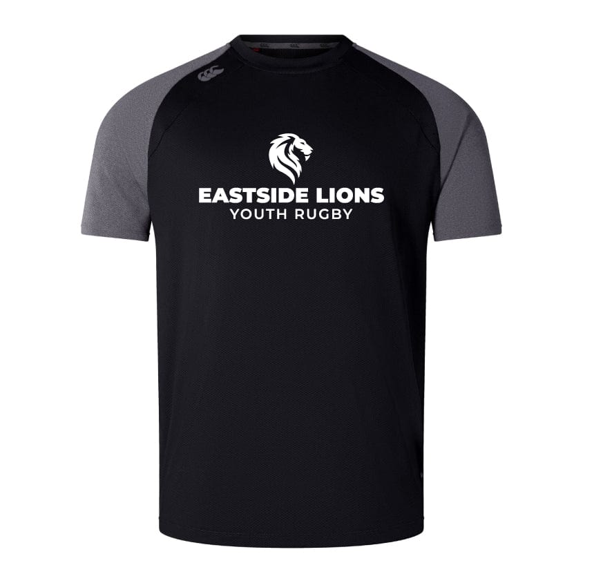 The Eastside Lions Elite Training Tee by WRS Canterbury is a black and gray t-shirt showcasing a white lion logo and the "Eastside Lions Youth Rugby" text on the front, designed with durable Vapodri fabrics for a lightweight feel.