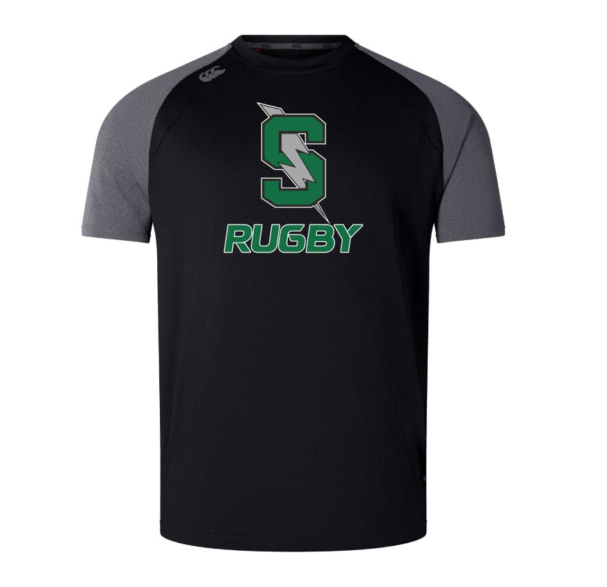 A black and gray short-sleeve Summit Rugby Elite Training Tee by WRS Canterbury, featuring a large green "S" and the word "Rugby" on the front, expertly crafted from lightweight and durable Vapodri fabrics.