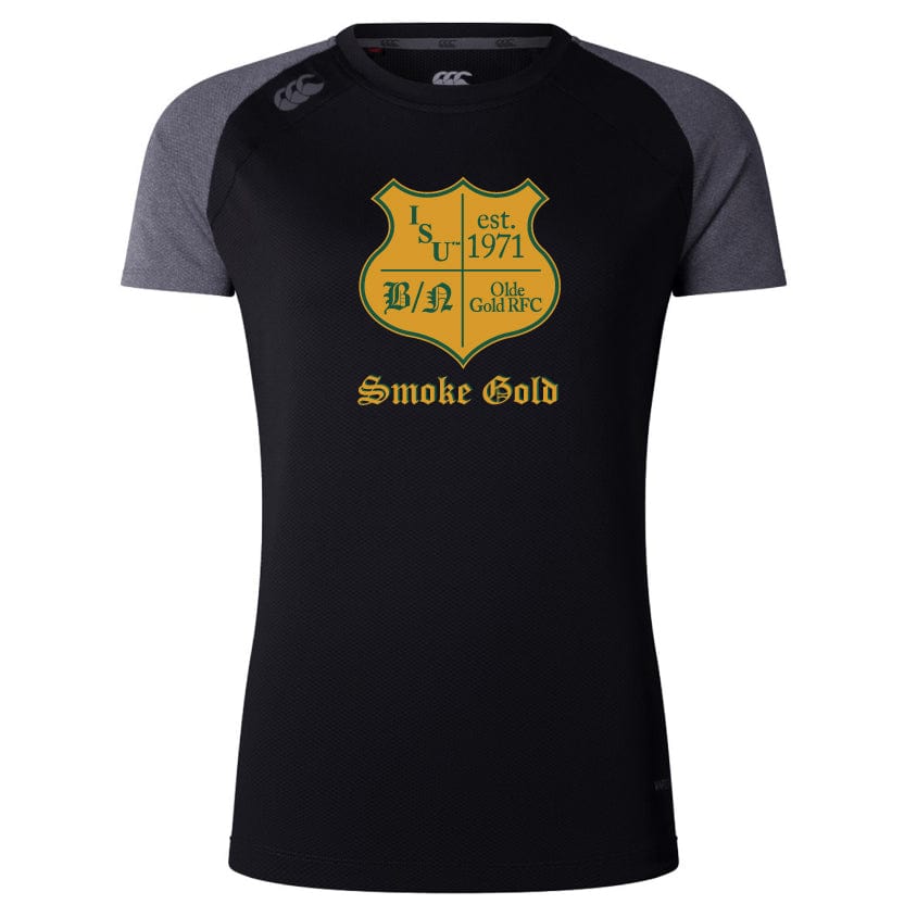 The Illinois State University Women's Elite Training Tee by Canterbury from WRS Canterbury is a black and gray shirt made of recycled polyester. It showcases a yellow logo featuring "ISU est. 1971 BN Olde Gold RFC" with "Smoke Gold" printed underneath, combining style and performance.