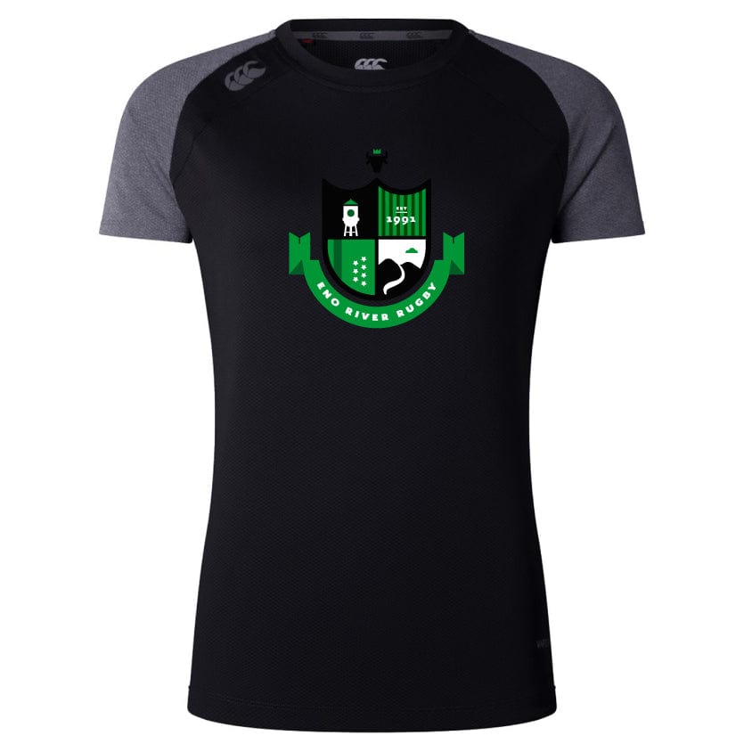 The Eno River Rugby Women's Elite Training Tee by WRS Canterbury is crafted with lightweight fabric and features a striking green and white logo on the chest. This elite training tee incorporates Vapodri technology to keep you comfortable during intense sessions.