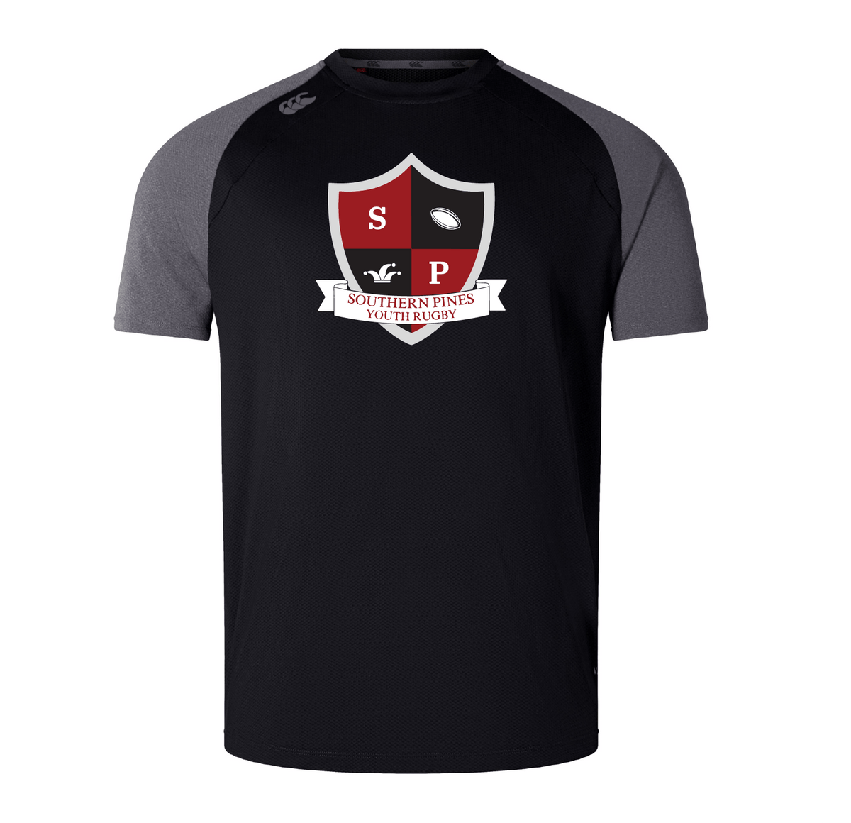 The Southern Pines Youth Rugby Elite Training Tee by WRS Canterbury is a black and gray jersey featuring a red and white "SP" shield logo with a rugby ball. It embodies Southern Pines Youth Rugby's spirit and offers the comfort of lightweight, durable Vapodri fabrics akin to those in Canterbury's Elite Training Tees.