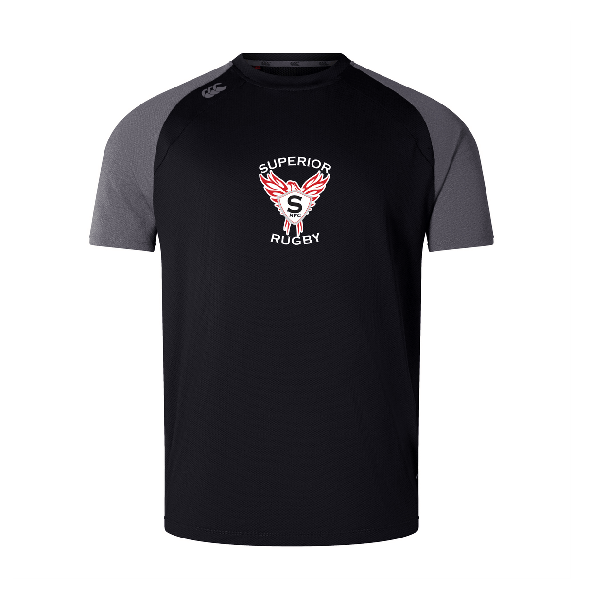 The Superior Rugby Club Elite Training Tee by WRS Canterbury is a black short-sleeve Vapodri shirt with dark grey sleeves and a winged "S" logo on the chest—lightweight, durable, and perfect for training.