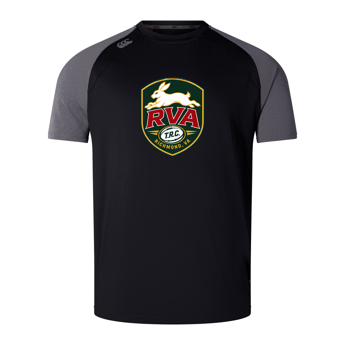 WRS Canterbury’s RVA T.R.C. Elite Training Tee is a short-sleeve black athletic shirt with gray sleeves, showcasing a badge logo of a white rabbit, “RVA,” and “Richmond, VA” on the chest. Crafted from lightweight, durable Vapodri fabric for superior comfort and performance during any workout, this top is engineered as an Elite Training Tee.