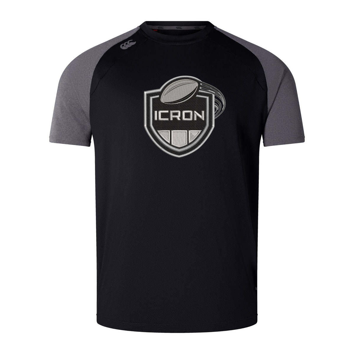 Lightweight, durable ICRON Elite Training Tee by Canterbury featuring a black body, gray sleeves, and an ICRON logo on the chest.
