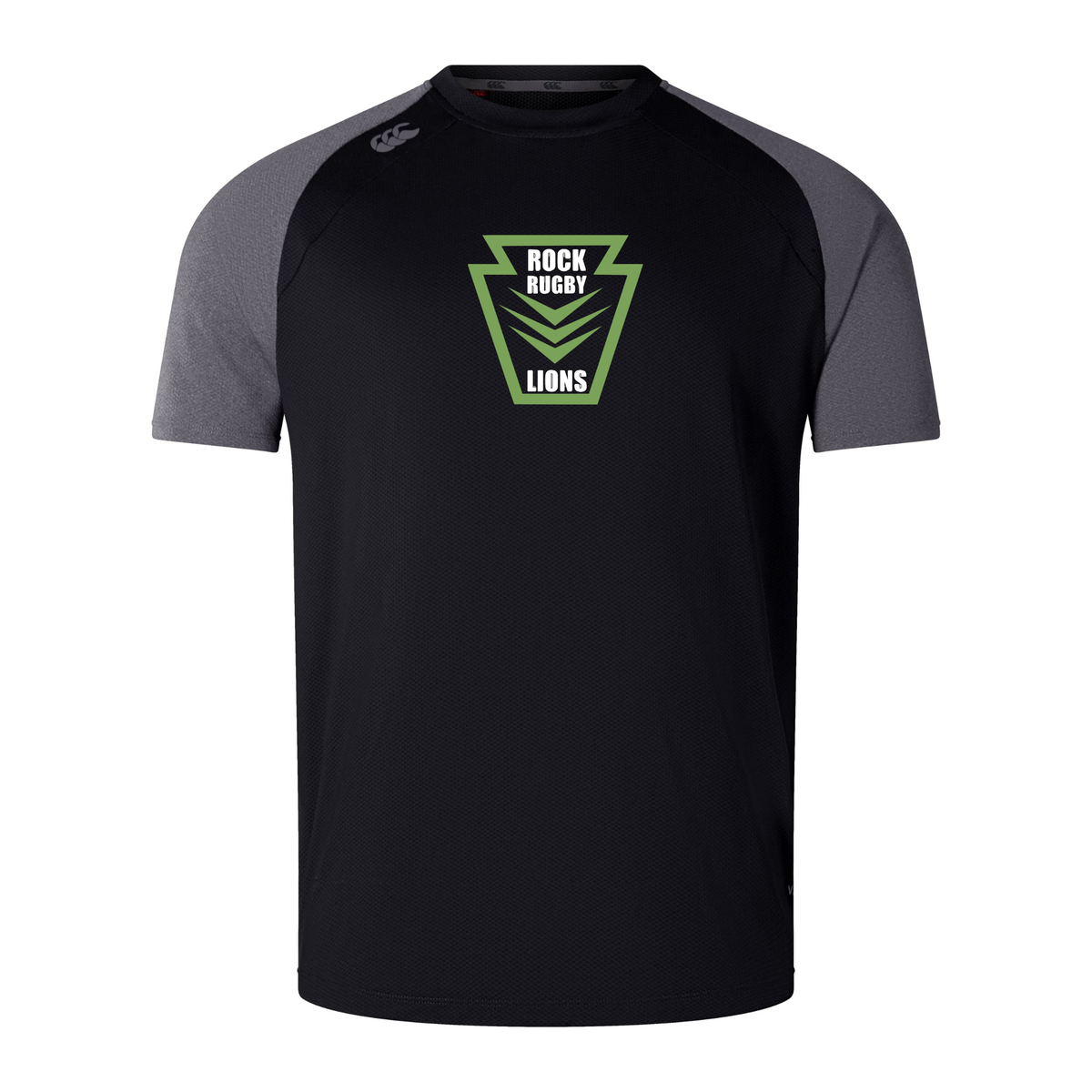 Lightweight, durable Rock Rugby Elite Training Tee by Canterbury with a black body, grey raglan sleeves, and a light green “Rock Rugby Lions” emblem on the chest.