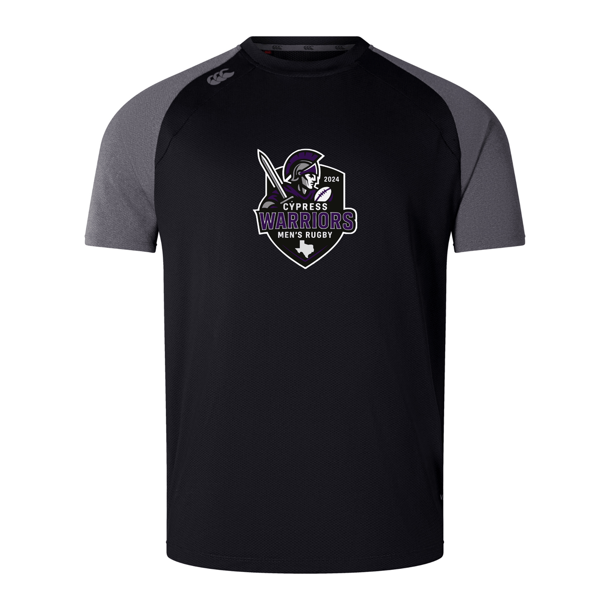 The Cypress Warriors Men's Rugby Elite Training Tee by WRS Canterbury is a black short-sleeve Vapodri tee with gray shoulders, featuring a front warrior graphic and "Cypress Warriors Men's Rugby" logo.