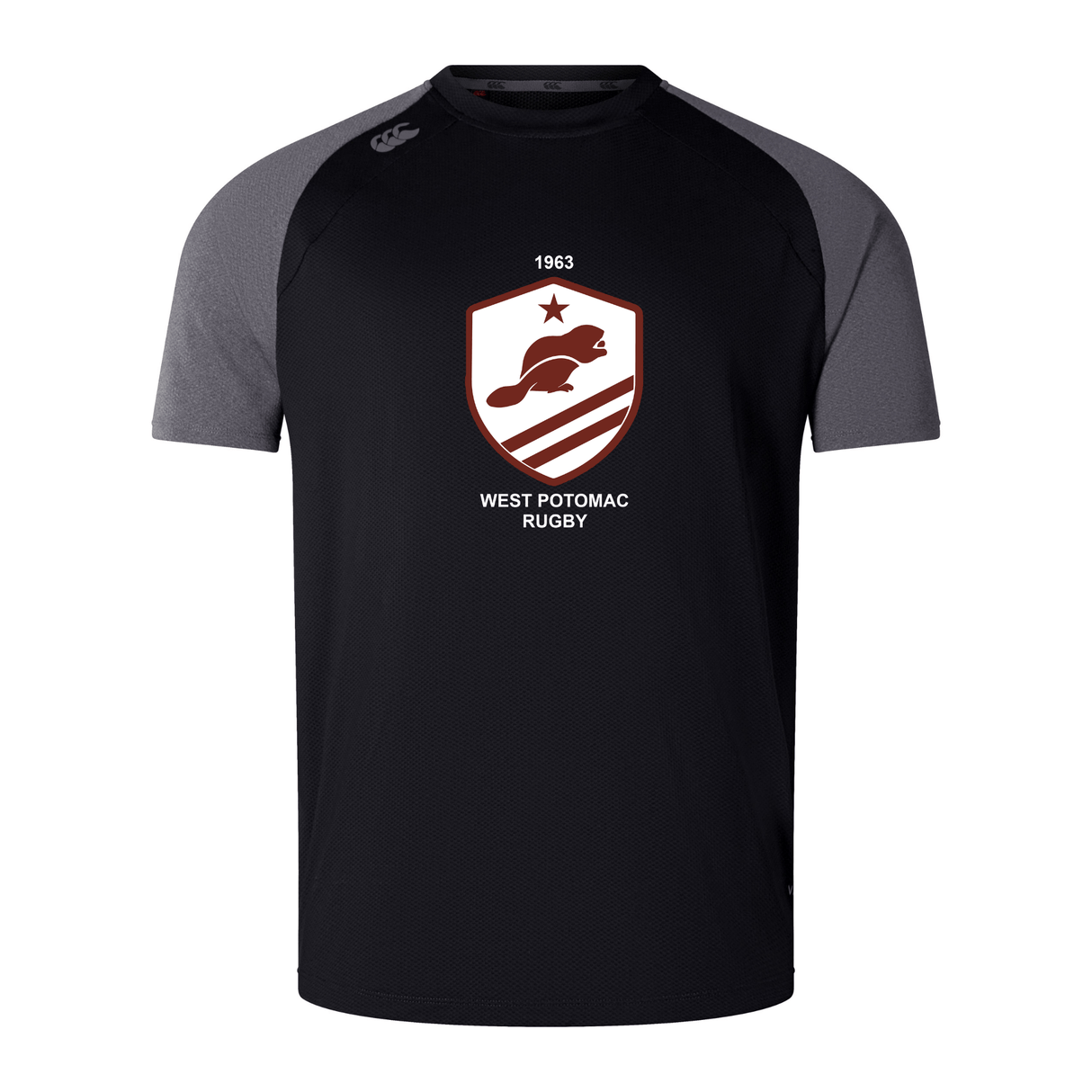 The WRS Canterbury West Potomac RFC Elite Training Tee is a black and gray shirt featuring the team logo, beaver graphic, star, and 1963 on the chest—crafted by Canterbury for lightweight durability and lasting comfort.