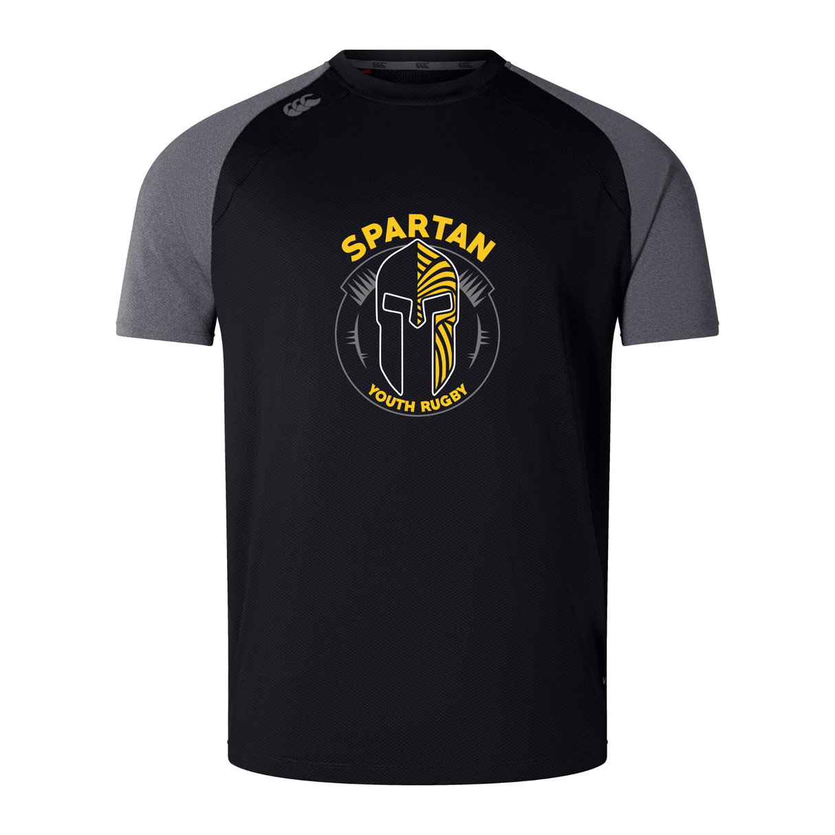 The WRS Canterbury Spartan Youth Rugby Elite Training Tee features black and gray short sleeves, a Spartan helmet logo on the front, and is made from moisture-wicking Vapodri fabric for comfort.