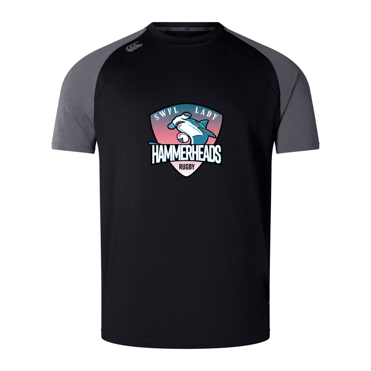 The SWFL Lady Hammerheads Elite Training Tee by Canterbury features dark gray sleeves, Vapodri fabric, and a vibrant team logo with a stylized hammerhead shark on the chest. Brand: WRS Canterbury.