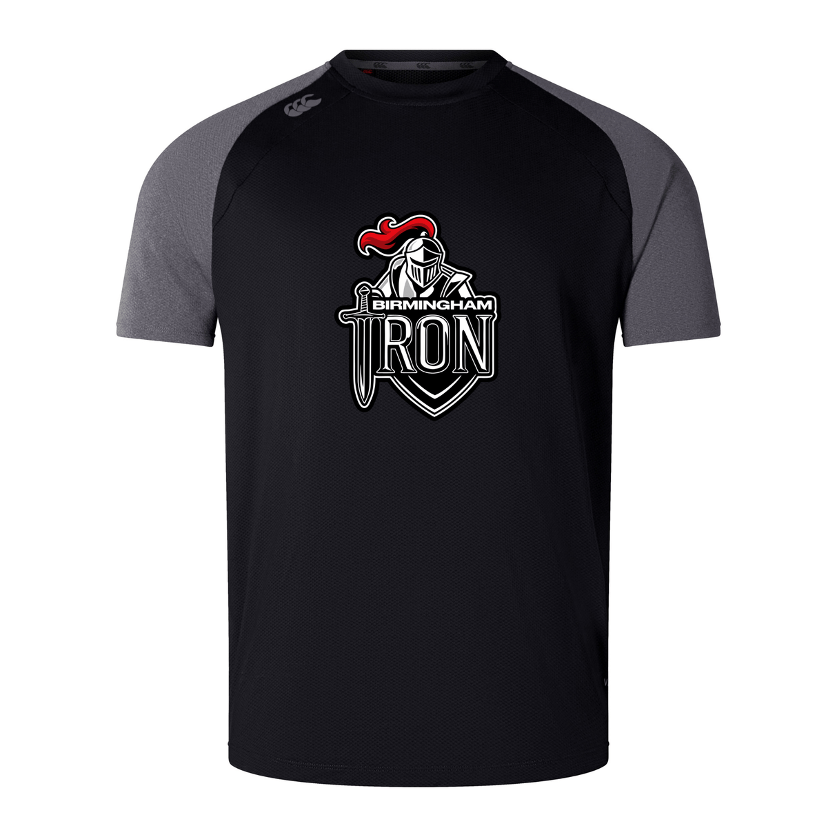 The Birmingham Iron Women's Football Elite Training Tee by WRS Canterbury features a black and grey design, a team logo with knight's helmet, sword, and red accents on front, and is made from lightweight Vapodri fabric for top performance.