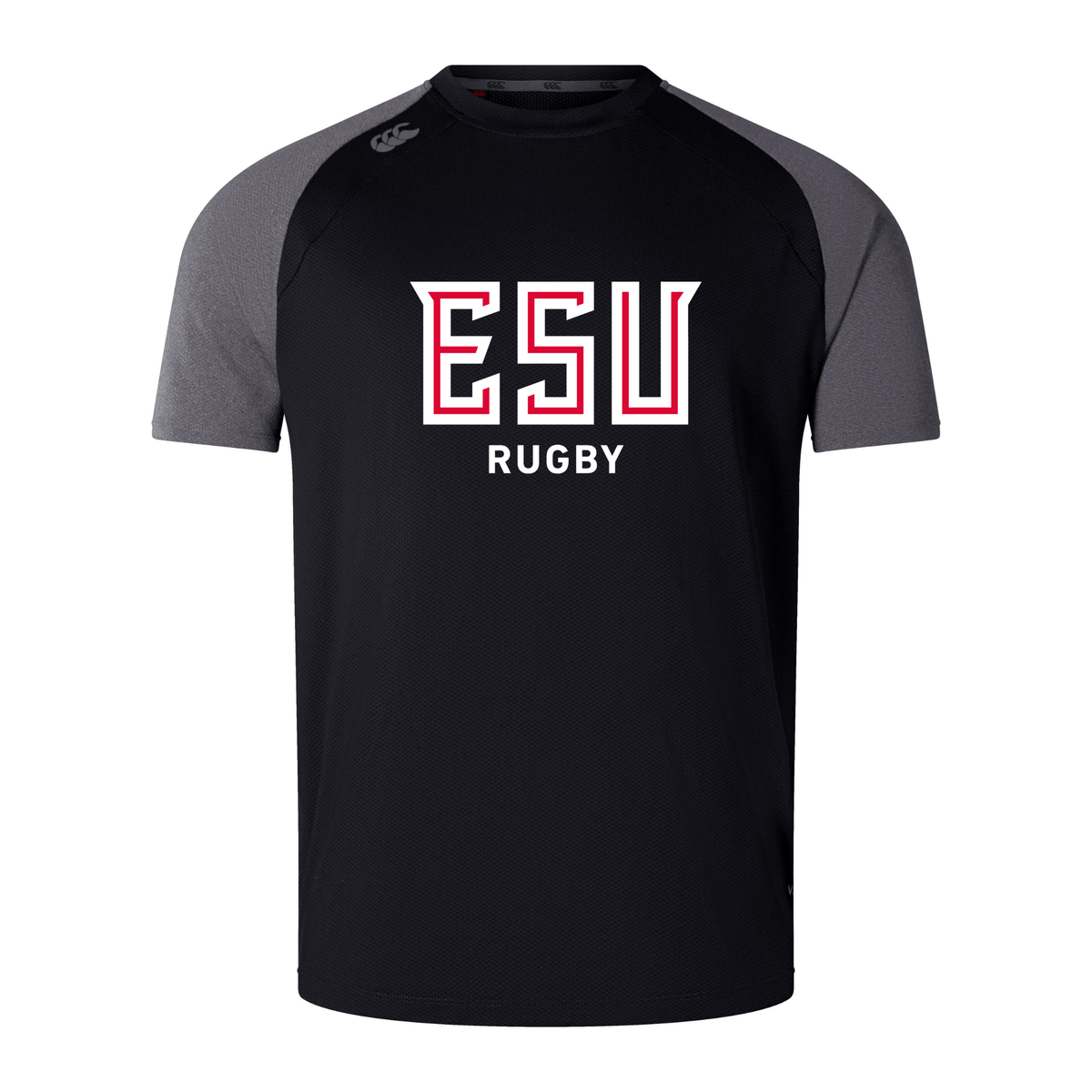The East Stroudsburg University Elite Training Tee by WRS Canterbury is a black and gray tee with "ESU RUGBY" in white and red on the front. Made with Vapodri fabric, it’s lightweight, durable, and keeps you cool during workouts.