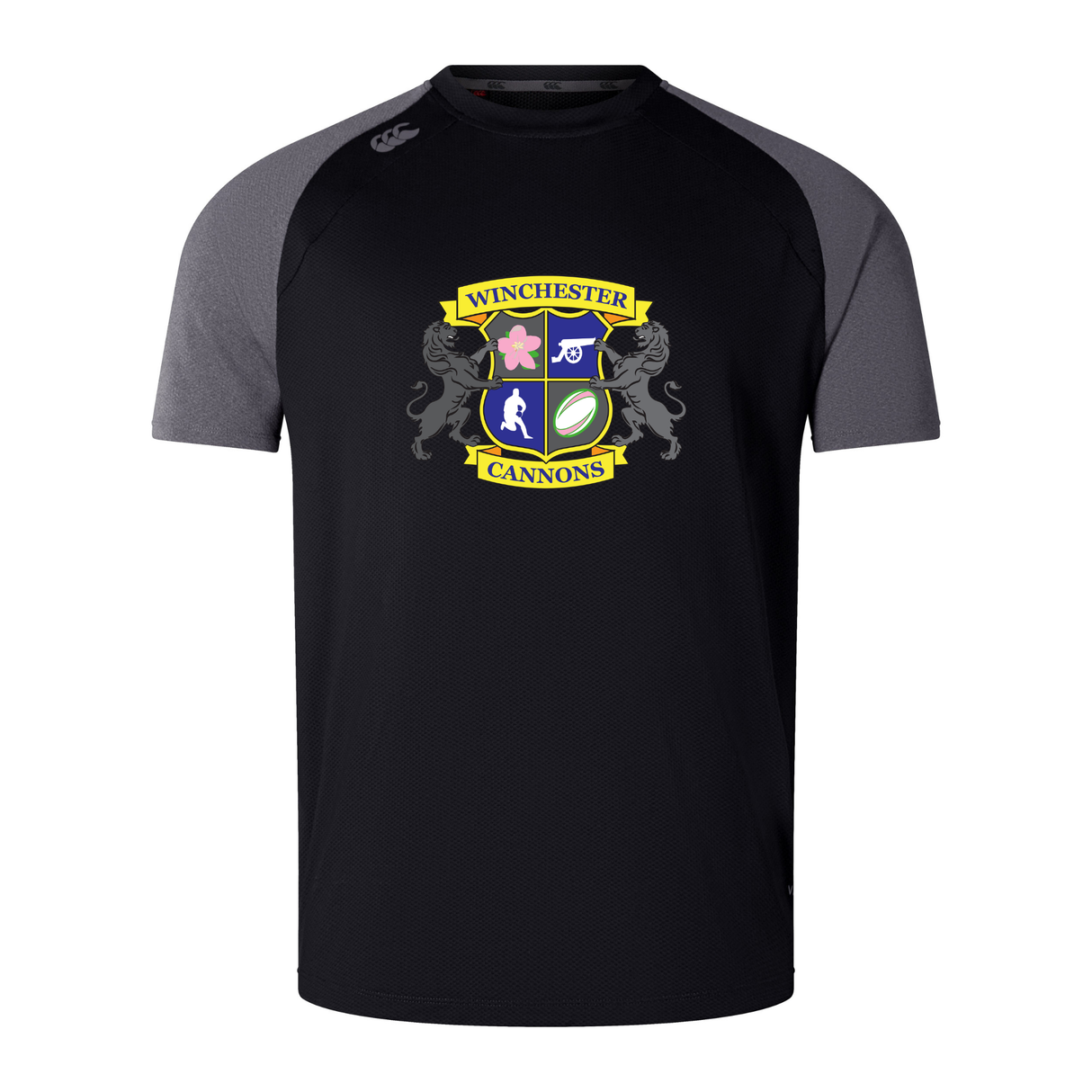 The Winchester Cannons Elite Training Tee by WRS Canterbury features black and dark gray short sleeves, Vapodri fabric, and a colorful "Winchester Cannons" crest on the chest.