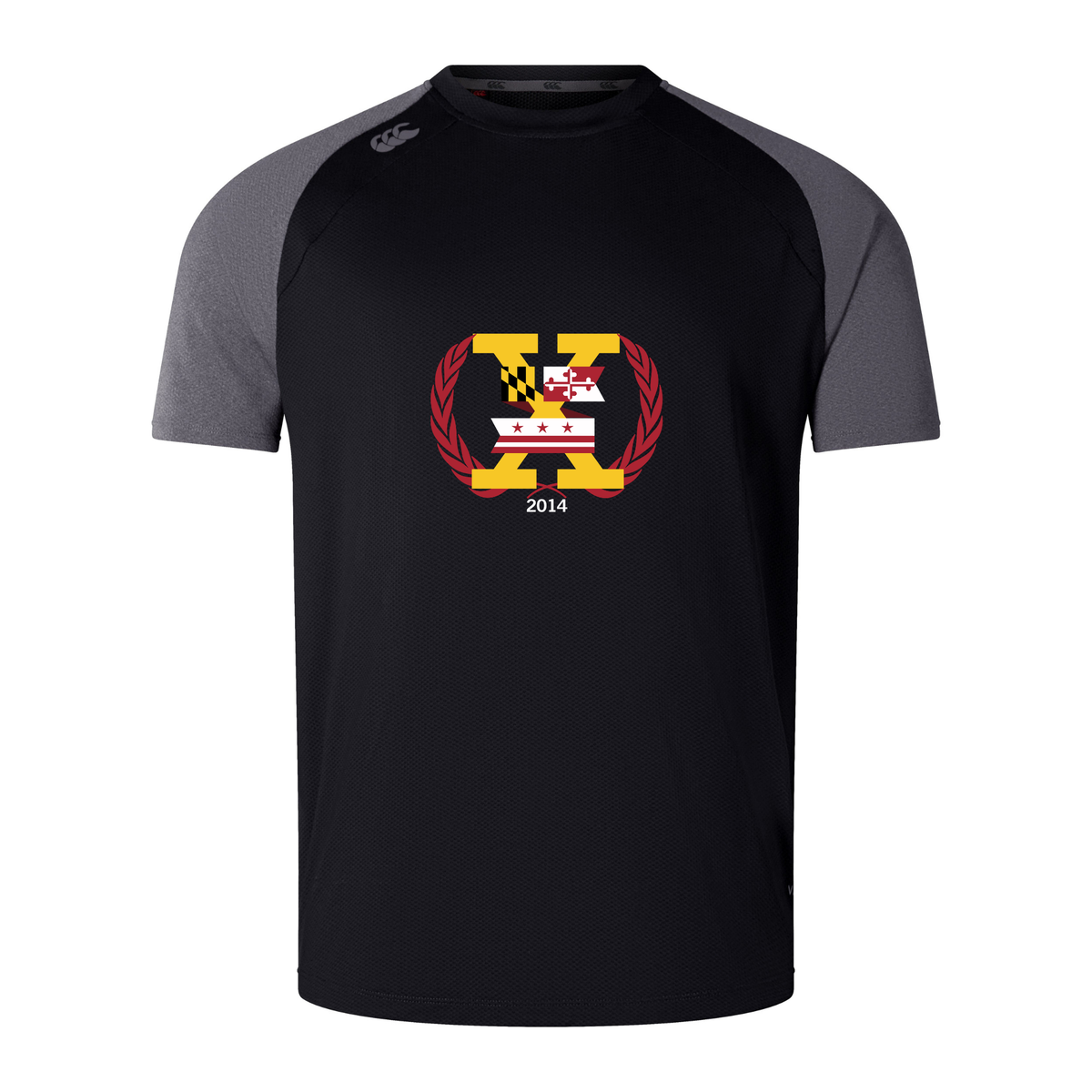 The Potomac Exiles Rugby Club Elite Training Tee by Canterbury, from WRS Canterbury, is a black and gray short-sleeve athletic shirt featuring a front-center graphic with state flags, a maroon laurel wreath, the letter "K," and "2014." Crafted as a lightweight, durable tee with Vapodri fabric technology, this shirt keeps you cool and comfortable during any workout.