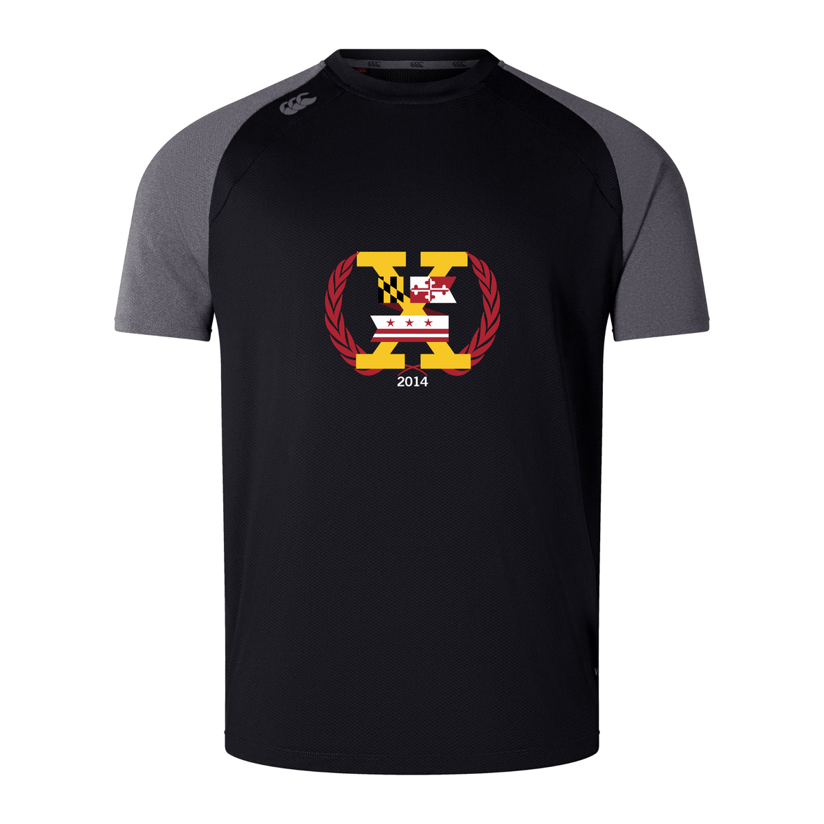 The Potomac Exiles Rugby Club Elite Training Tee by Canterbury, from WRS Canterbury, is a black and gray short-sleeve athletic shirt featuring a front-center graphic with state flags, a maroon laurel wreath, the letter "K," and "2014." Crafted as a lightweight, durable tee with Vapodri fabric technology, this shirt keeps you cool and comfortable during any workout.