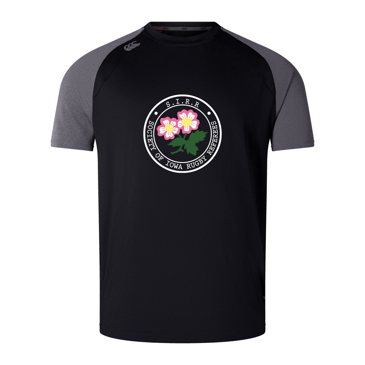 The Society of Iowa Rugby Referees Elite Training Tee by Canterbury features a black and gray design with the Society’s logo accented by pink flowers and green leaves at the center. Crafted from Vapodri fabrics for enhanced comfort, this lightweight and durable tee—styled after the Canterbury Elite Training Tee—is perfect for both performance and style. Brand: WRS Canterbury.