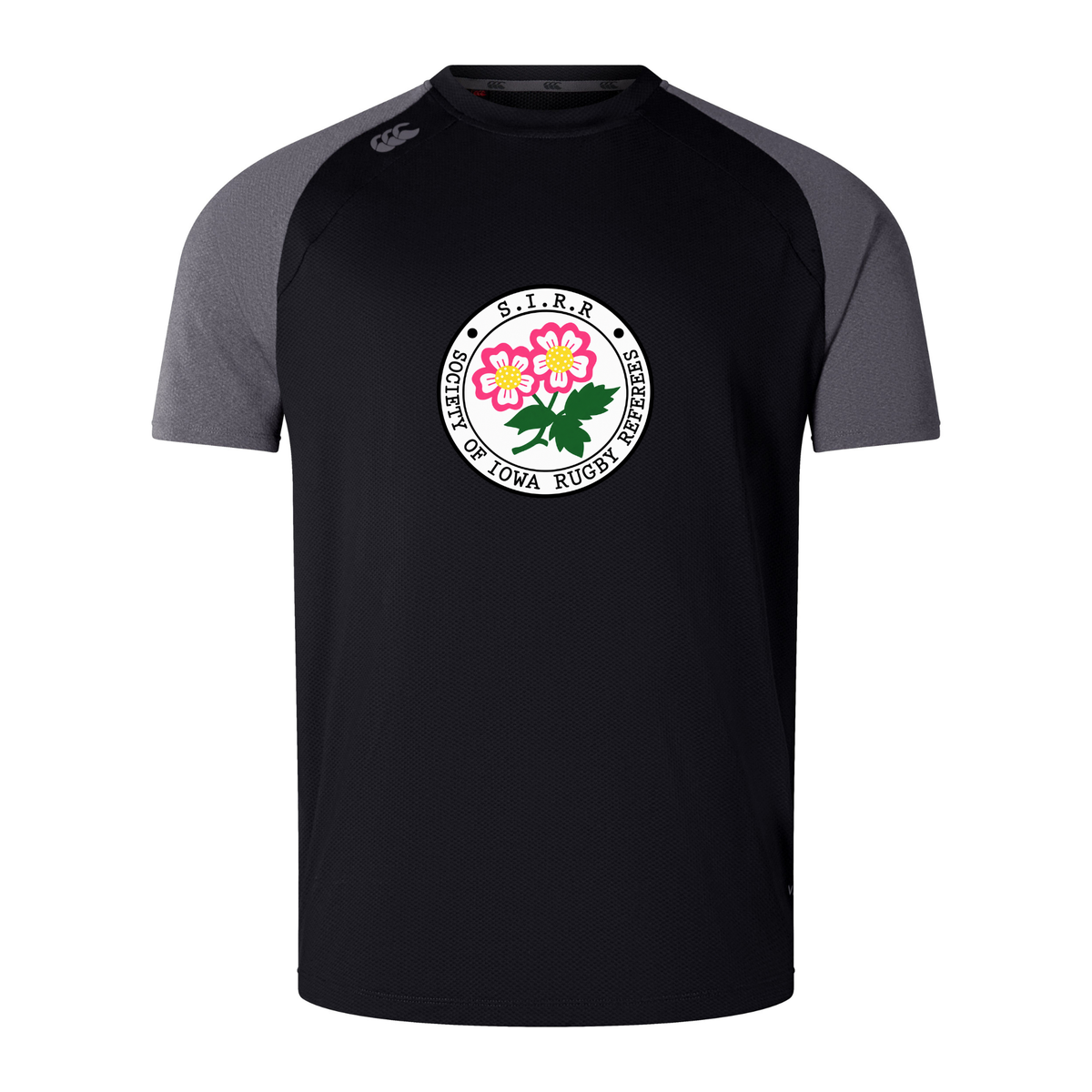 Introducing the Society of Iowa Rugby Referees Elite Training Tee by Canterbury—a black and gray short-sleeve athletic shirt from WRS Canterbury. Designed for peak performance, this Canterbury Elite Training Tee features a circular chest logo with pink flowers and green leaves. Crafted from lightweight and durable Vapodri fabrics, it keeps you cool and comfortable throughout every workout.