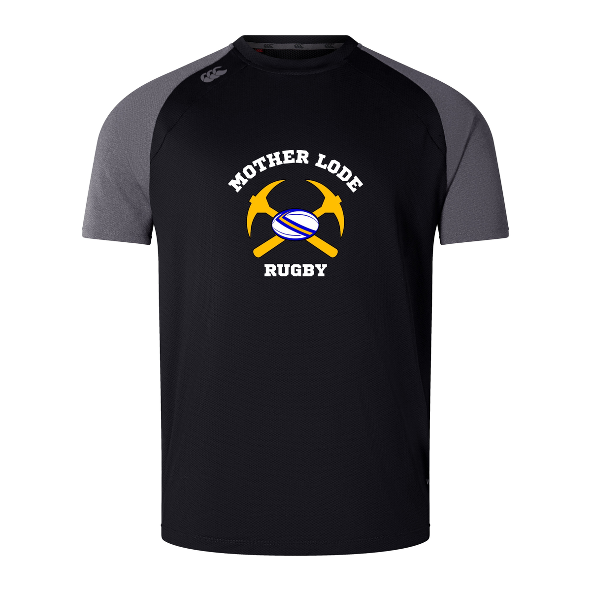 Mother Lode Elite Training Tee by Canterbury in black with grey raglan sleeves, featuring a graphic of crossed pickaxes, a rugby ball, and the text “MOTHER LODE RUGBY.”