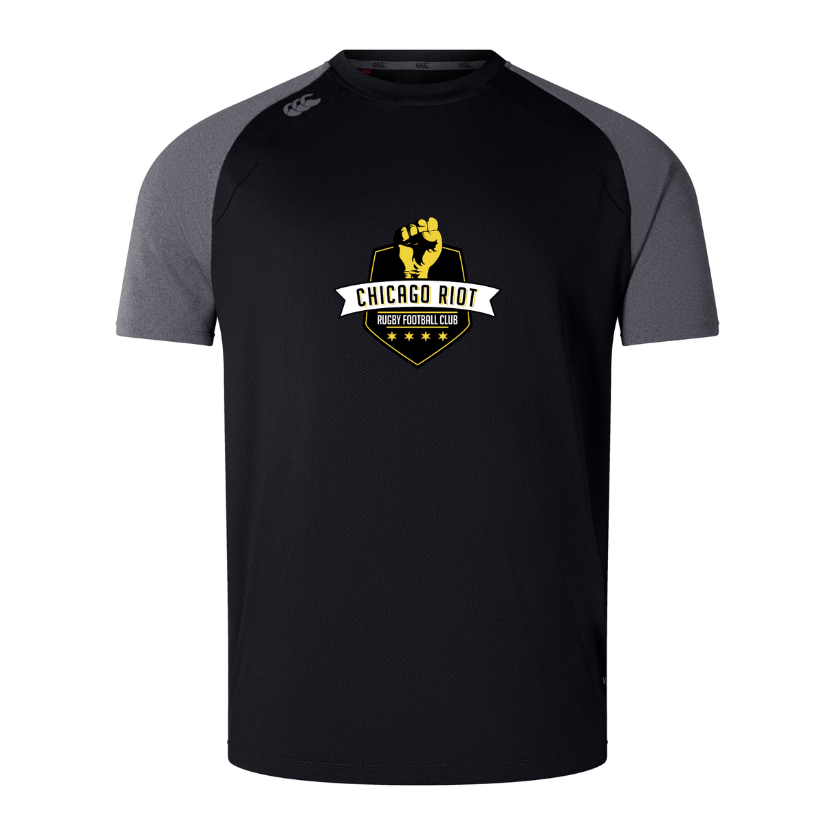 The Chicago Riot Elite Training Tee by Canterbury, from WRS Canterbury, features black and gray colors, a club logo with a yellow fist holding a rugby ball on the chest, and lightweight Vapodri fabric for cool, durable comfort.