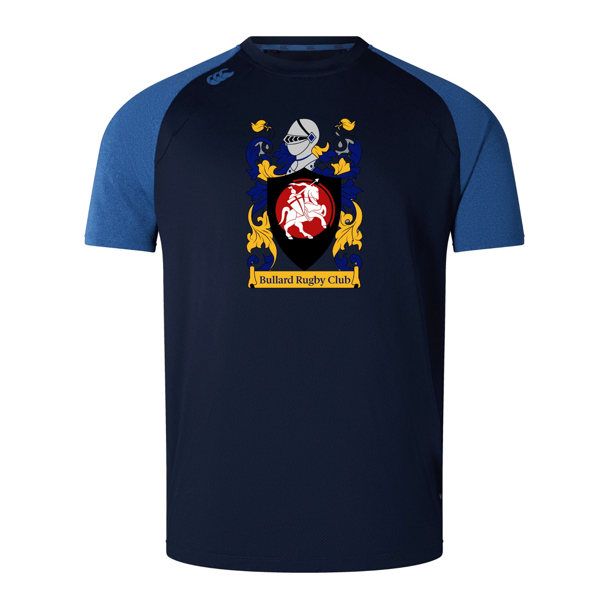 The CenCal Youth Bullard Elite Training Tee by WRS Canterbury, crafted from Vapodri fabrics, features the Bullard Rugby Club crest with a knight's helmet and shield design on the front. Lightweight and durable, this tee is reminiscent of a classic Canterbury rugby jersey in navy and blue.