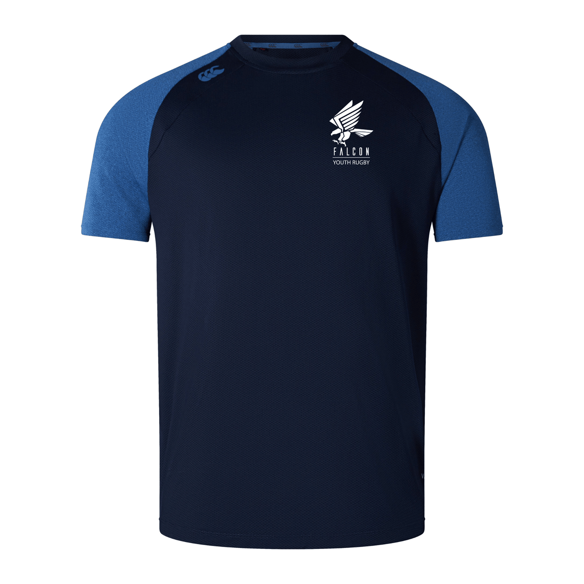 The Falcon Youth Rugby Embroidered Elite Training Tee by Canterbury, from EMB Canterbury, is a blue and navy short-sleeve rugby jersey made with lightweight Vapodri fabrics. It features a falcon logo and "Falcon Youth Rugby" text, ideal for training sessions for young athletes.