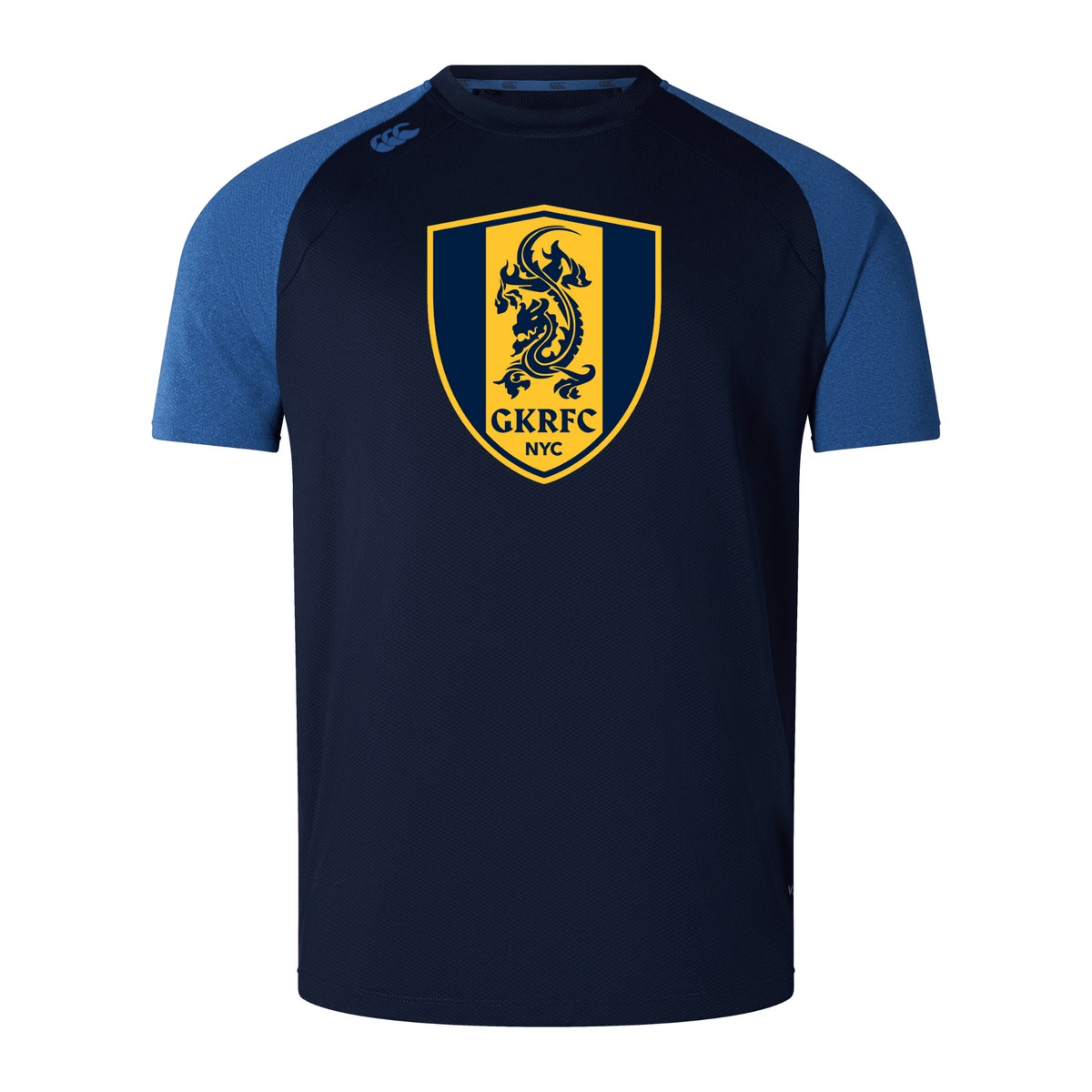 The Gotham Knights Elite Training Tee by Canterbury, from WRS Canterbury, is a navy blue sports jersey with blue sleeves crafted from Vapodri fabrics for optimal performance. It features a prominent yellow and blue shield logo with a dragon and the text "GKRFC NYC" on the front, making it an ideal choice for durable sportswear.