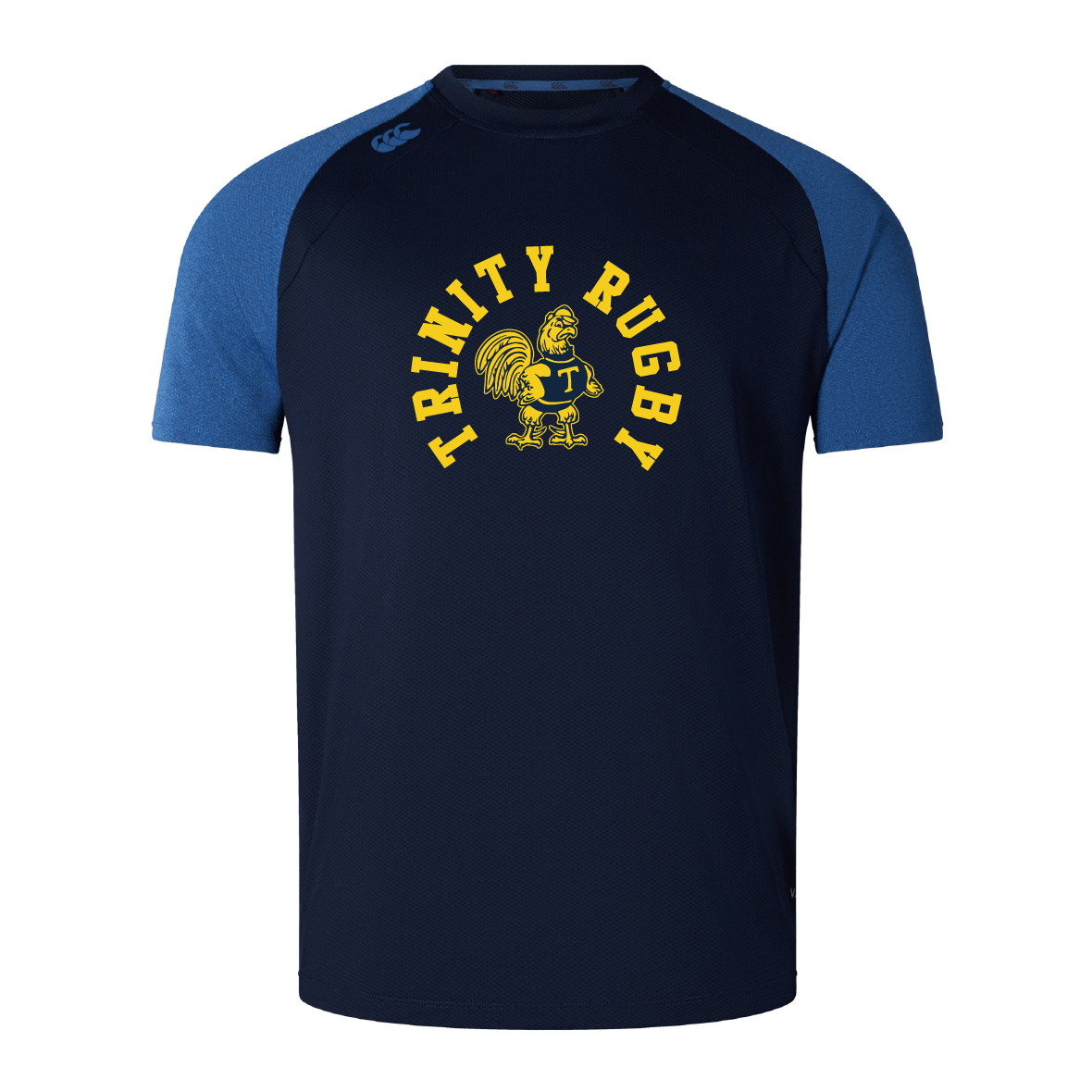 This lightweight and durable navy and blue rugby shirt showcases "Trinity Rugby" alongside a bold yellow rooster emblem on the front. Crafted by WRS Canterbury using Vapodri fabrics for top-tier performance, it matches the quality of the Trinity College Elite Training Tee.