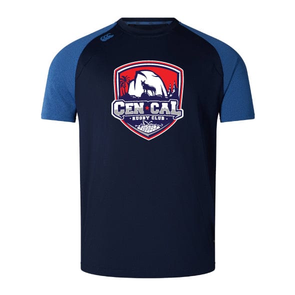 The CenCal Rugby Elite Training Tee by WRS Canterbury is a navy blue short-sleeve shirt with blue raglan sleeves, lightweight durable fabric, and a "Cen Cal Rugby Club" logo with bear and palm trees on the chest.