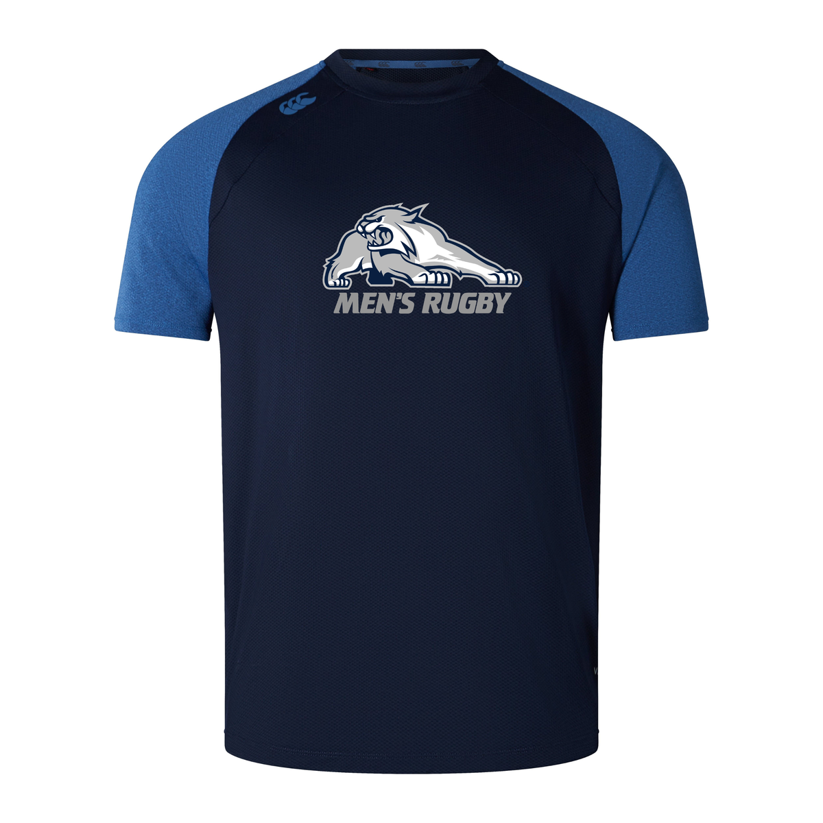 Navy blue University of New Hampshire Elite Training Tee by Canterbury with blue raglan sleeves, featuring a wildcat logo and the words “MEN’S RUGBY” on the chest.