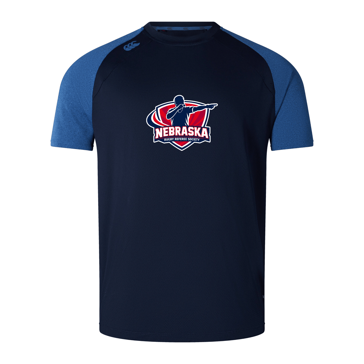 The Nebraska Rugby Referee Society Elite Training Tee by WRS Canterbury is a navy short-sleeve athletic shirt made with Vapodri fabric, featuring the Nebraska Rugby Referee Society logo and contrasting blue sleeves—lightweight, durable, and perfect for training.