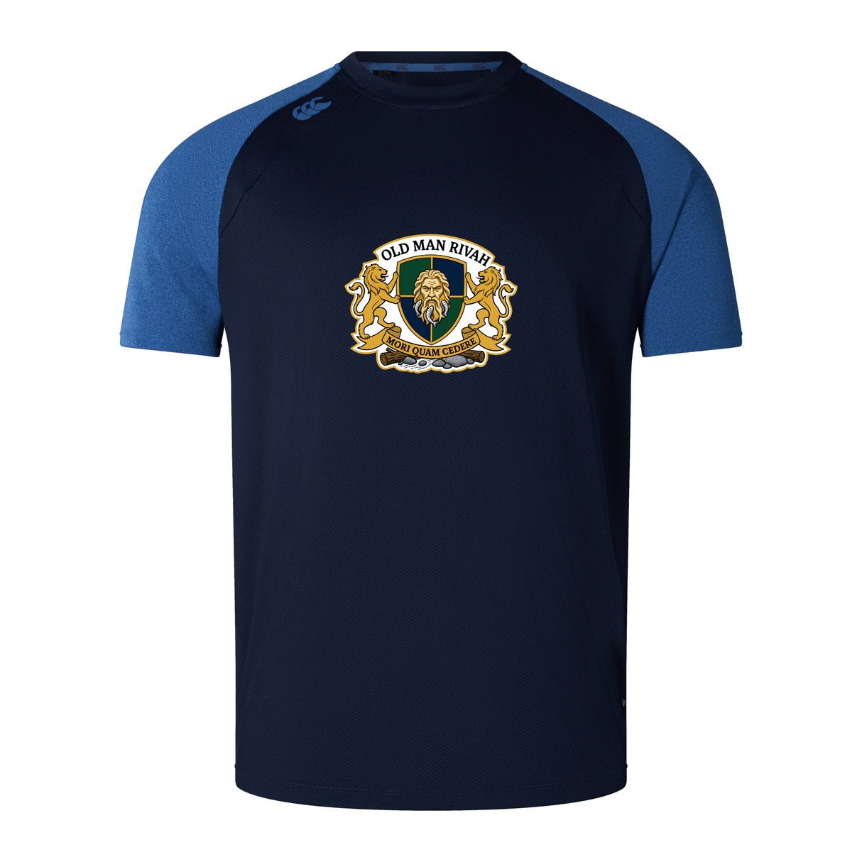The Old Man Rivah Rugby Elite Training Tee by WRS Canterbury is a navy tee with blue sleeves, gold details, and a lion crest. Made from Vapodri fabric, it's lightweight, durable, and keeps you cool and comfortable during workouts.