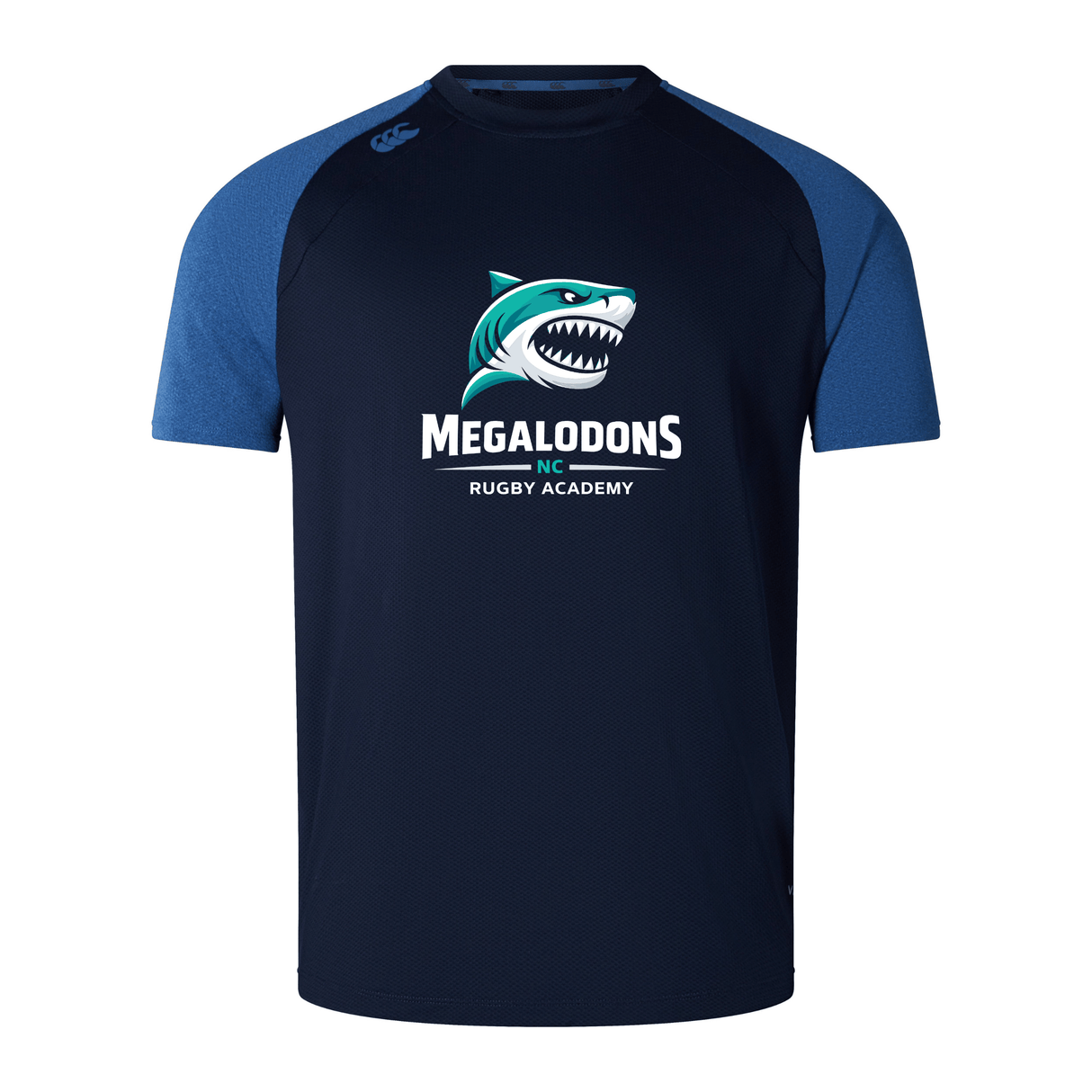 The NC Rugby Academy - Megalodons Elite Training Tee by WRS Canterbury is a navy blue Vapodri jersey with blue sleeves, featuring a stylized shark logo and "Megalodons NC Rugby Academy" on the front.