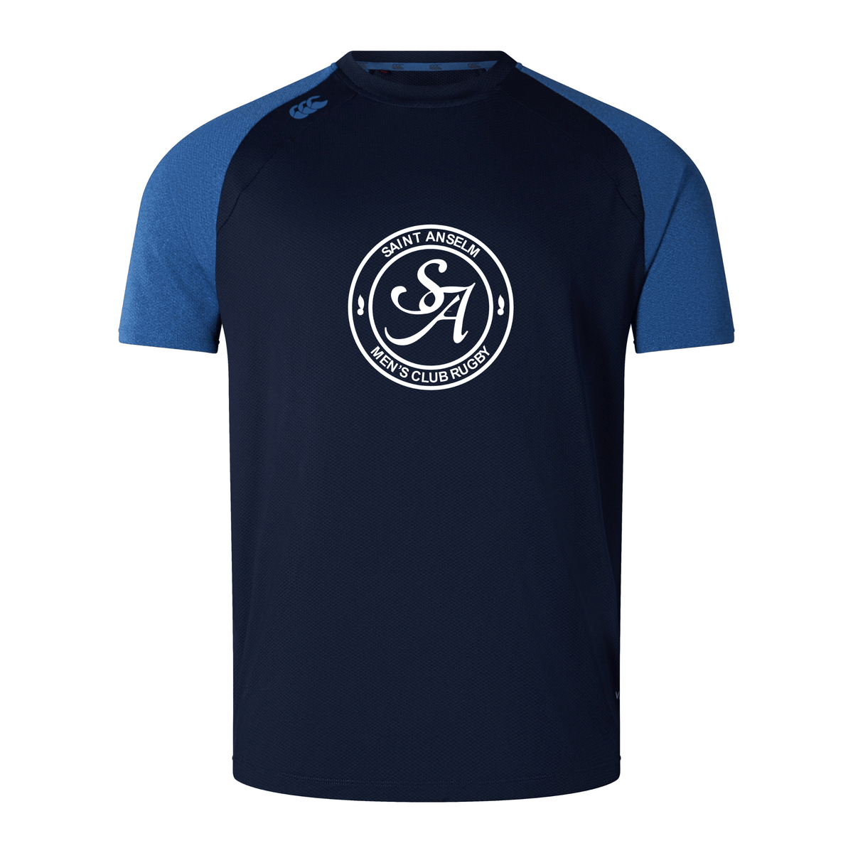 The WRS Canterbury Saint Anselm College Club Rugby Elite Training Tee features navy and light blue Vapodri fabric, short sleeves, and a "Saint Anselm Men's Club Rugby" logo on the front.