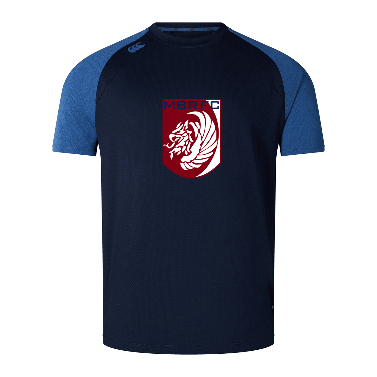 The Montgomery Bucks Griffins Elite Training Tee by WRS Canterbury is a navy short-sleeve sports shirt with light blue sleeves, crafted from lightweight Vapodri fabric, and features a red and white “MBRFC” lion logo on the chest.