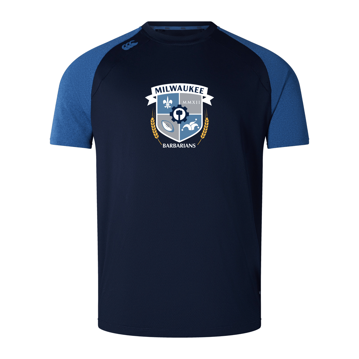 The Milwaukee Barbarians Rugby Elite Training Tee by WRS Canterbury is a navy short-sleeve top with blue sleeves, made from lightweight Vapodri fabric, and features the club crest on the chest.