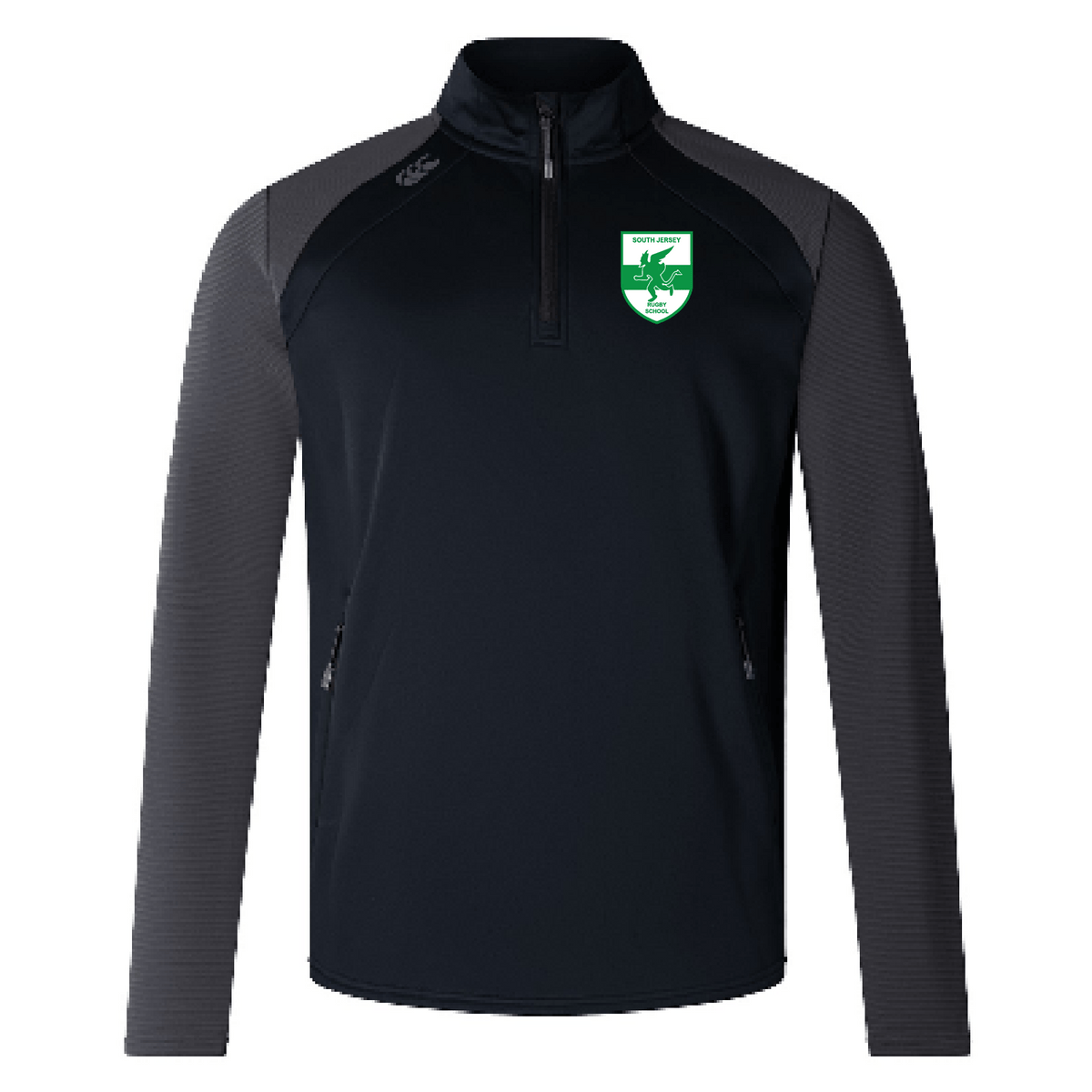 Introducing the South Jersey Rugby School Women's Elite First Layer by Canterbury, a black and gray long-sleeve sports jacket crafted from recycled polyester. It features a green and white logo with an animal and text on the chest, offering both style and functionality with EMB Canterbury's VapoDri technology to keep you cool and comfortable.