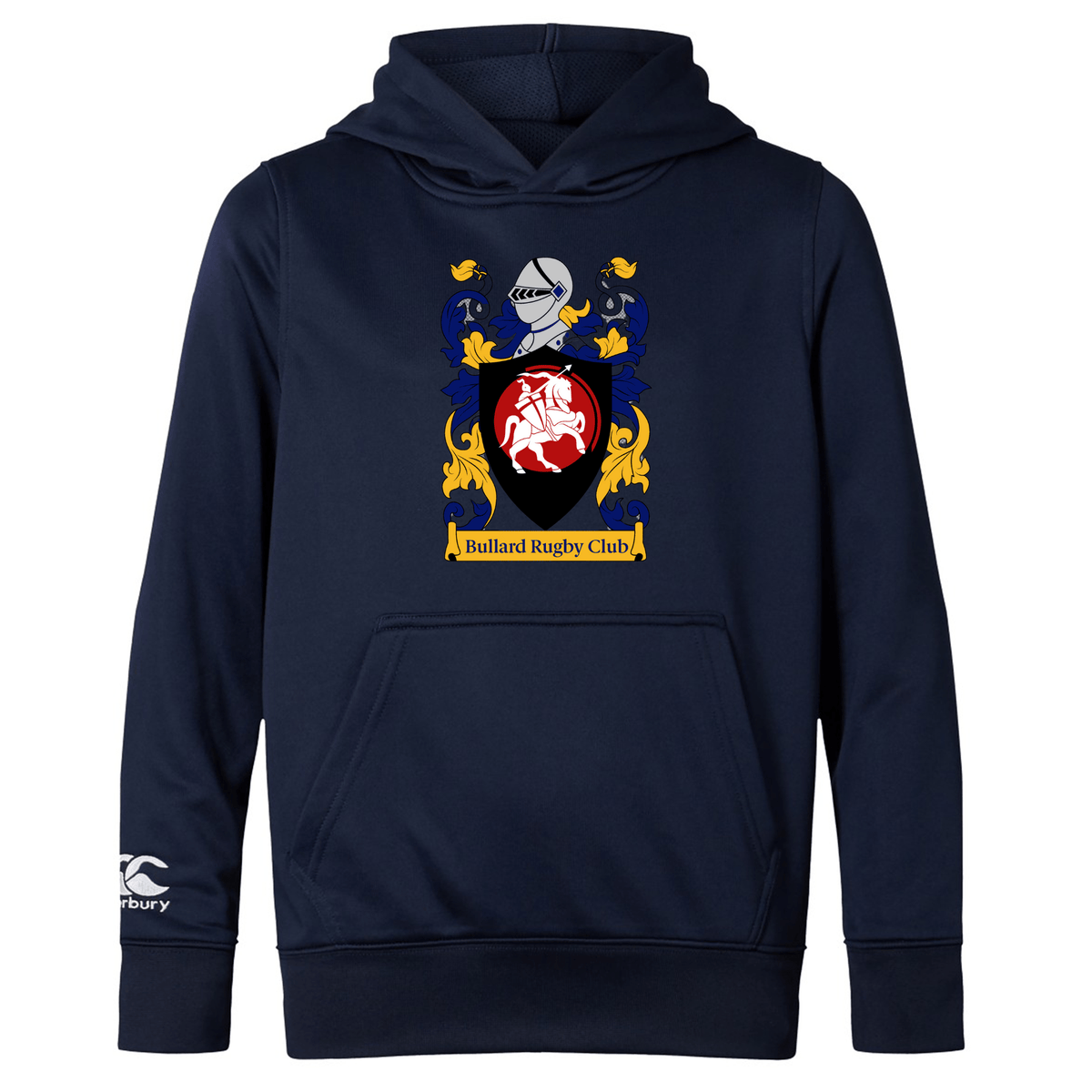 The Bullard Rugby Club Lightweight Hoodie by Canterbury, from the WRS Canterbury brand, is a navy blue polyester garment featuring the club's embroidered logo with a helmet, intricate designs, and a red shield with a white figure. It includes the manufacturer's logo on the lower left sleeve for added detail.