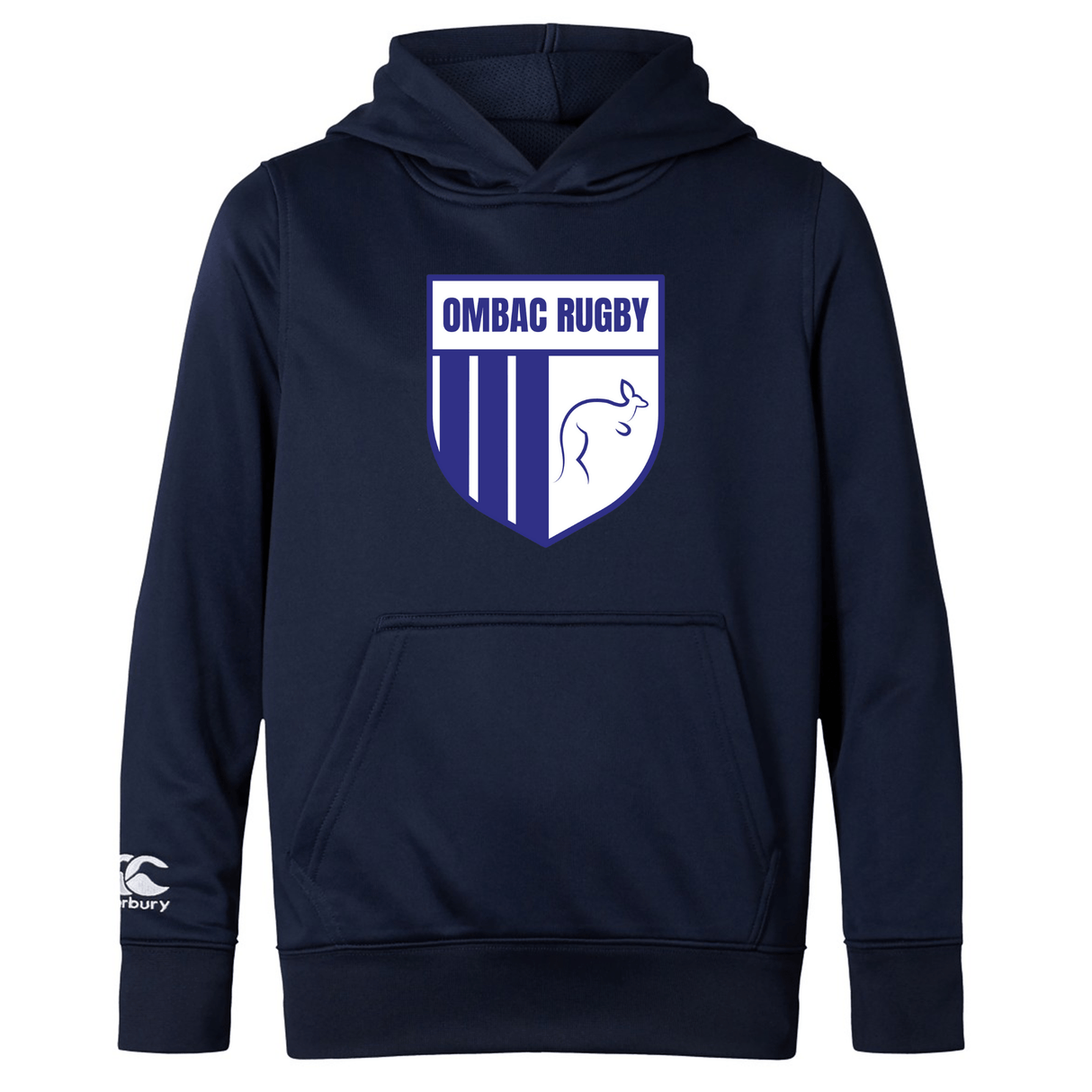 The OMBAC Rugby Club Lightweight Hoodie by WRS Canterbury is a navy blue, lightweight hoodie featuring "OMBAC Rugby" and a shield graphic on the front. The right sleeve proudly displays the Canterbury logo, and the design includes a convenient kangaroo pocket for added functionality.