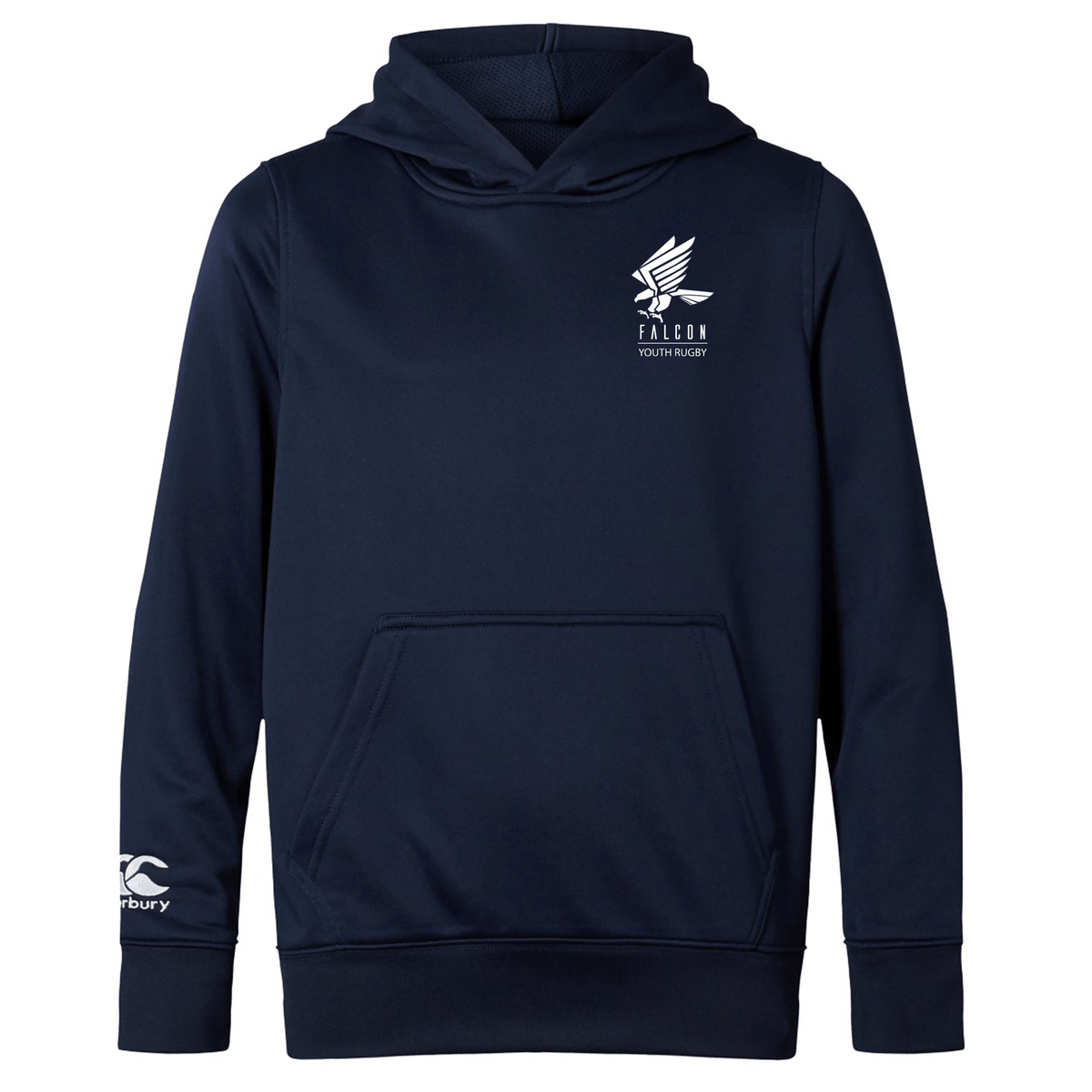 The EMB Canterbury Falcon Youth Rugby Hoodie is lightweight and navy blue, showcasing a white logo on the chest, the Canterbury logo, an emblem on the sleeve, and a cozy kangaroo pocket.