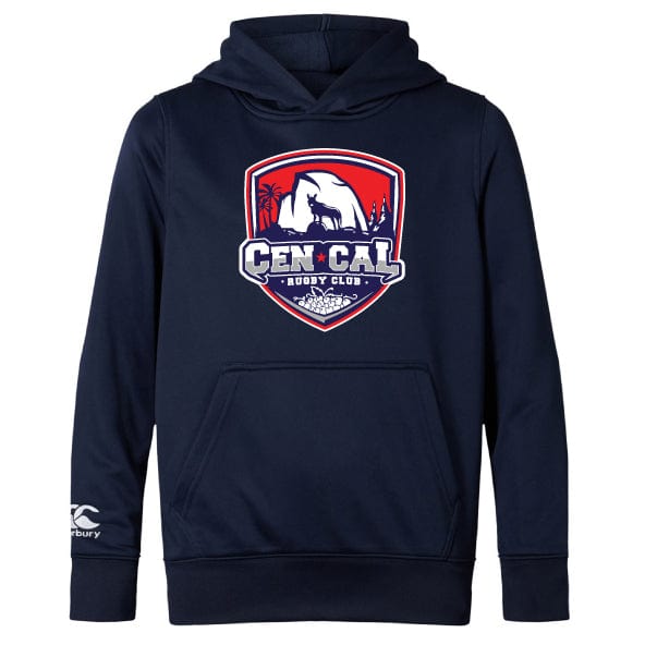 The CenCal Rugby Club Lightweight Hoodie by WRS Canterbury features a navy blue design with a mammoth and palm trees logo on the chest, plus a roomy kangaroo pocket for comfort.